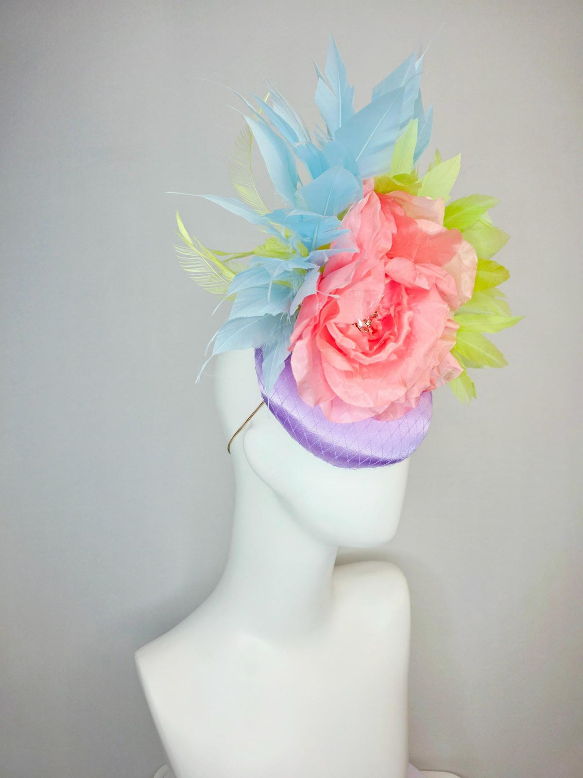 kentucky derby hat fascinator lavender purple satin with netting large light coral pink organza rose sky blue lime green branching feathers