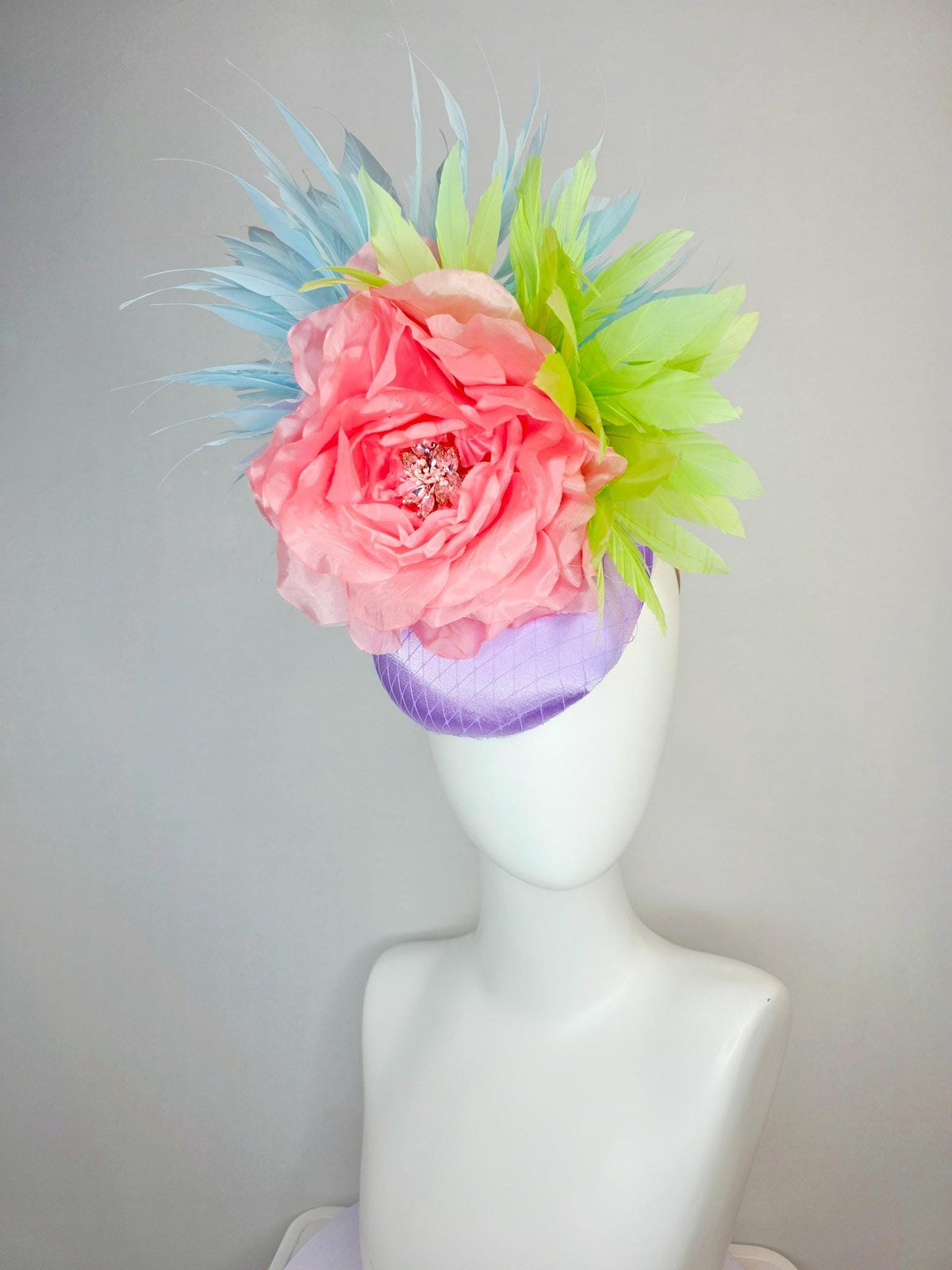kentucky derby hat fascinator lavender purple satin with netting large light coral pink organza rose sky blue lime green branching feathers