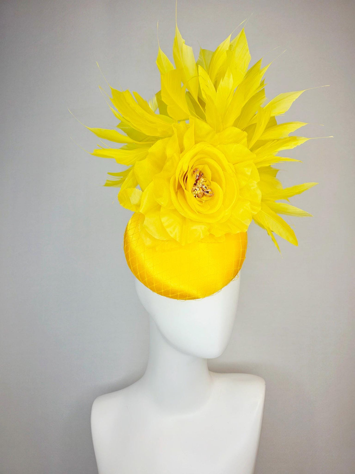 kentucky derby hat fascinator bright yellow satin with netting large yellow organza rose with yellow leaves and yellow branching feathers