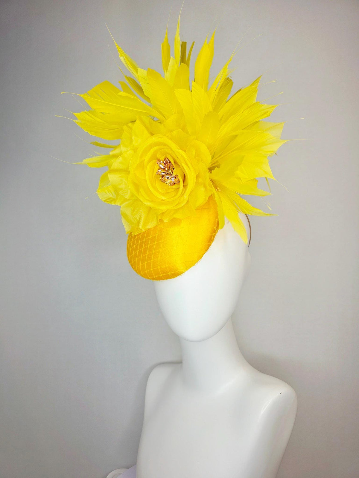 kentucky derby hat fascinator bright yellow satin with netting large yellow organza rose with yellow leaves and yellow branching feathers