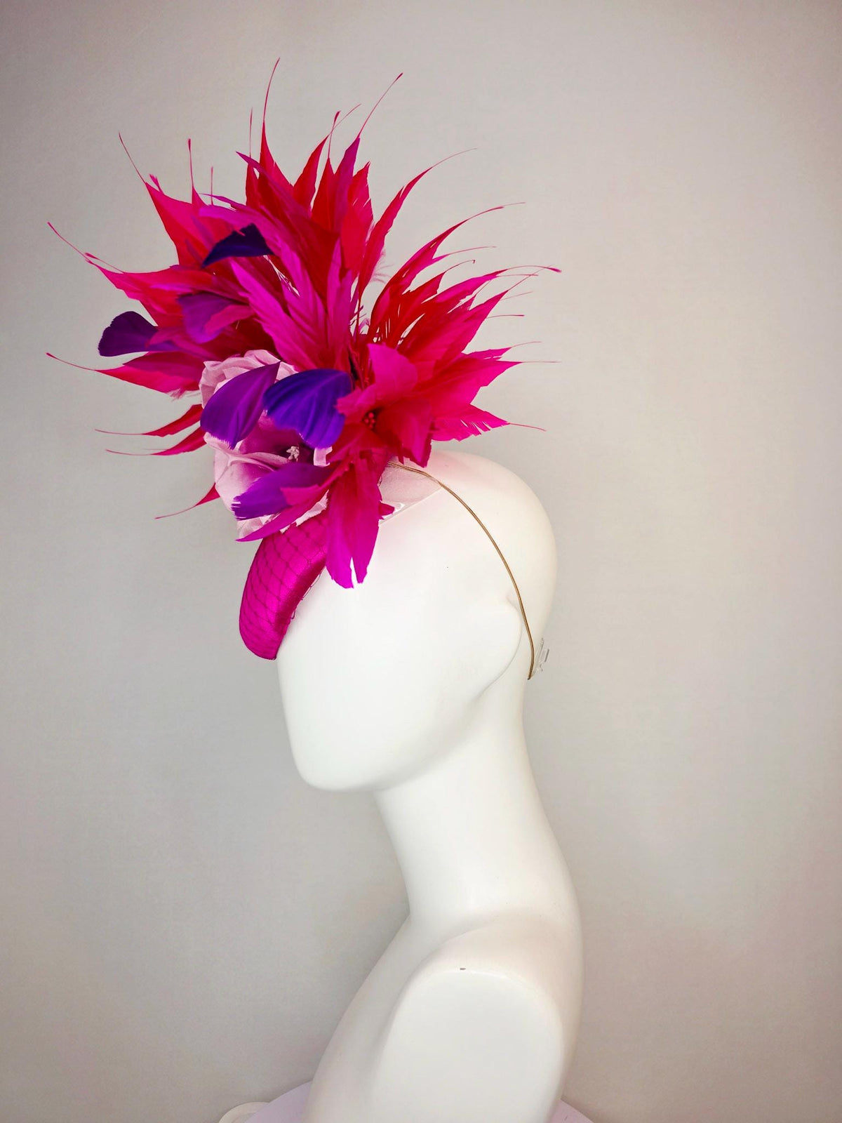 kentucky derby hat fascinator magenta pink satin with netting ombre lilac pink organza rose red hot pink magenta purple branching feathers