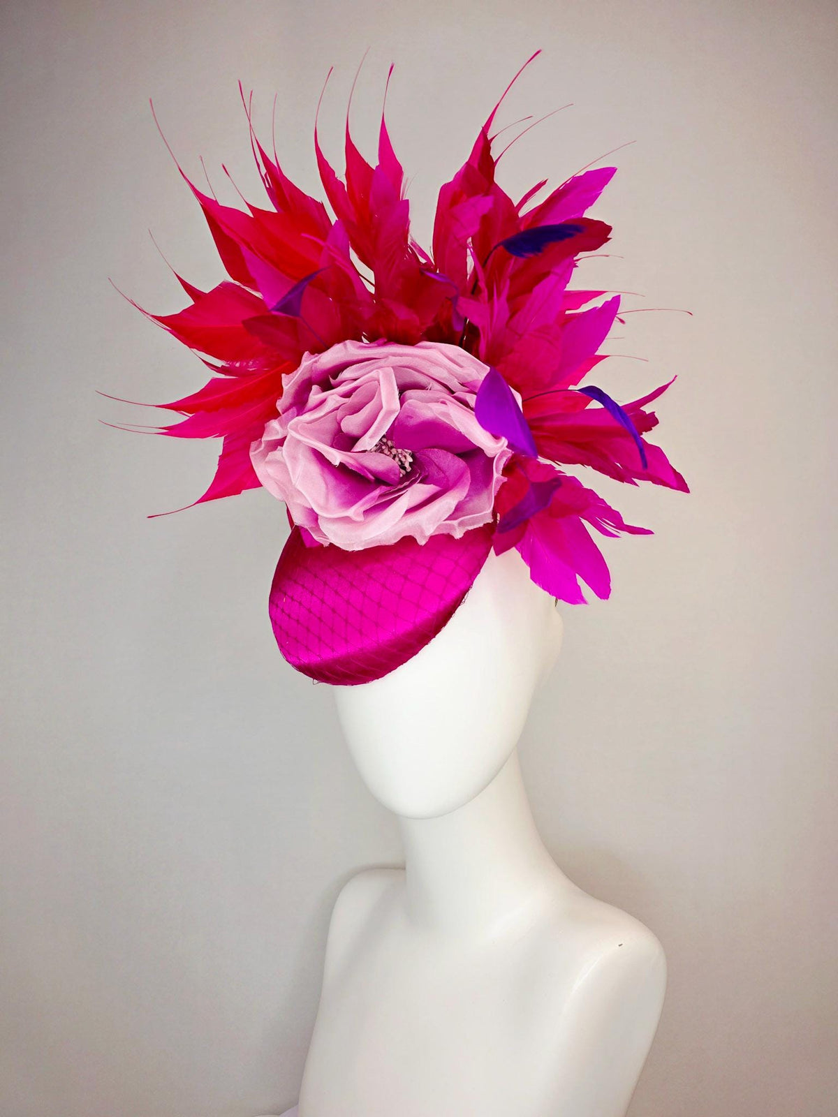 kentucky derby hat fascinator magenta pink satin with netting ombre lilac pink organza rose red hot pink magenta purple branching feathers