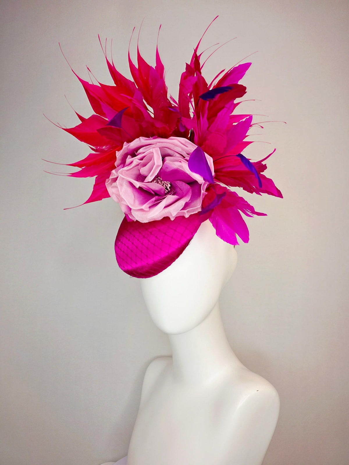 kentucky derby hat fascinator magenta pink satin with netting ombre lilac pink organza rose red hot pink magenta purple branching feathers
