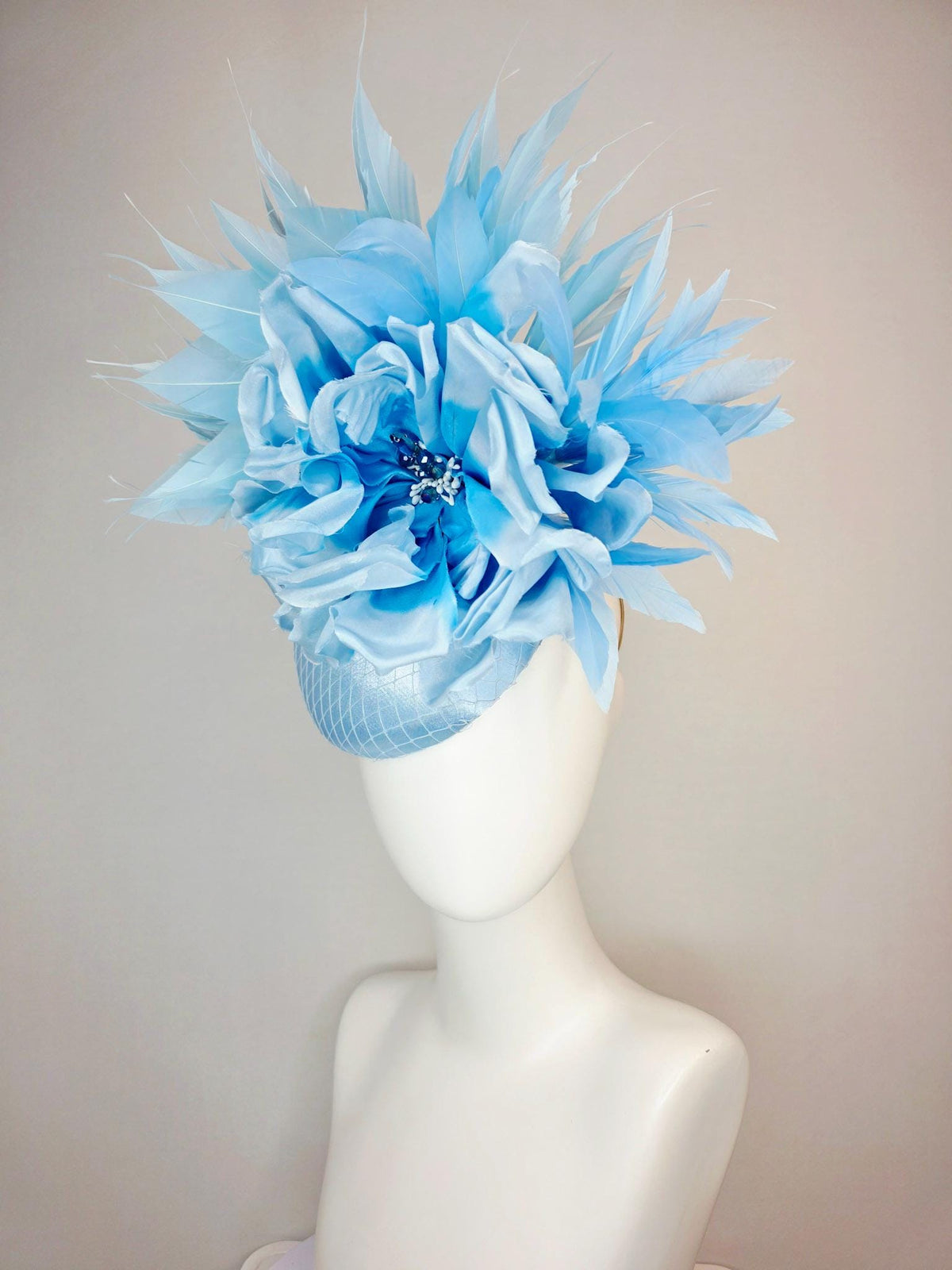 kentucky derby hat fascinator light blue satin with netting large ombre sky blue satin rose flower with baby and sky blue branching feathers