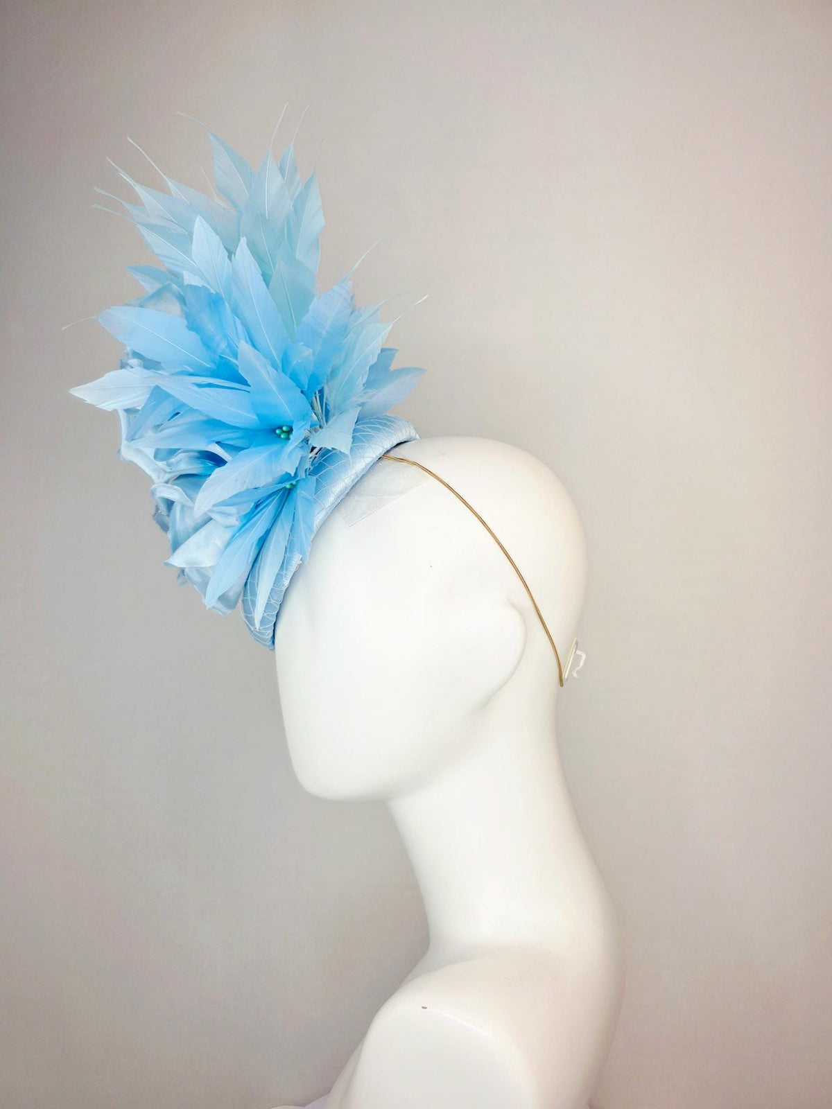 kentucky derby hat fascinator light blue satin with netting large ombre sky blue satin rose flower with baby and sky blue branching feathers