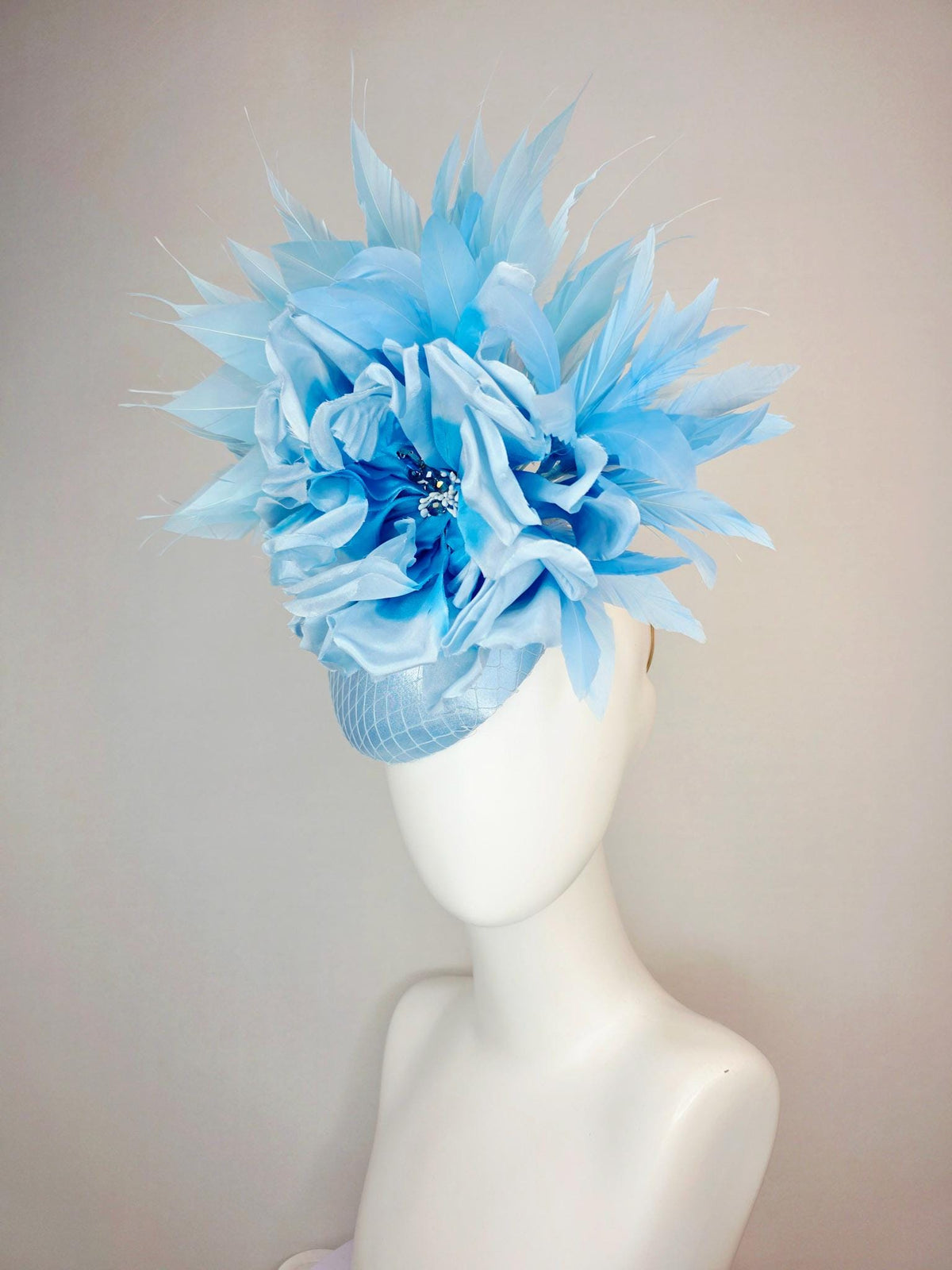 kentucky derby hat fascinator light blue satin with netting large ombre sky blue satin rose flower with baby and sky blue branching feathers