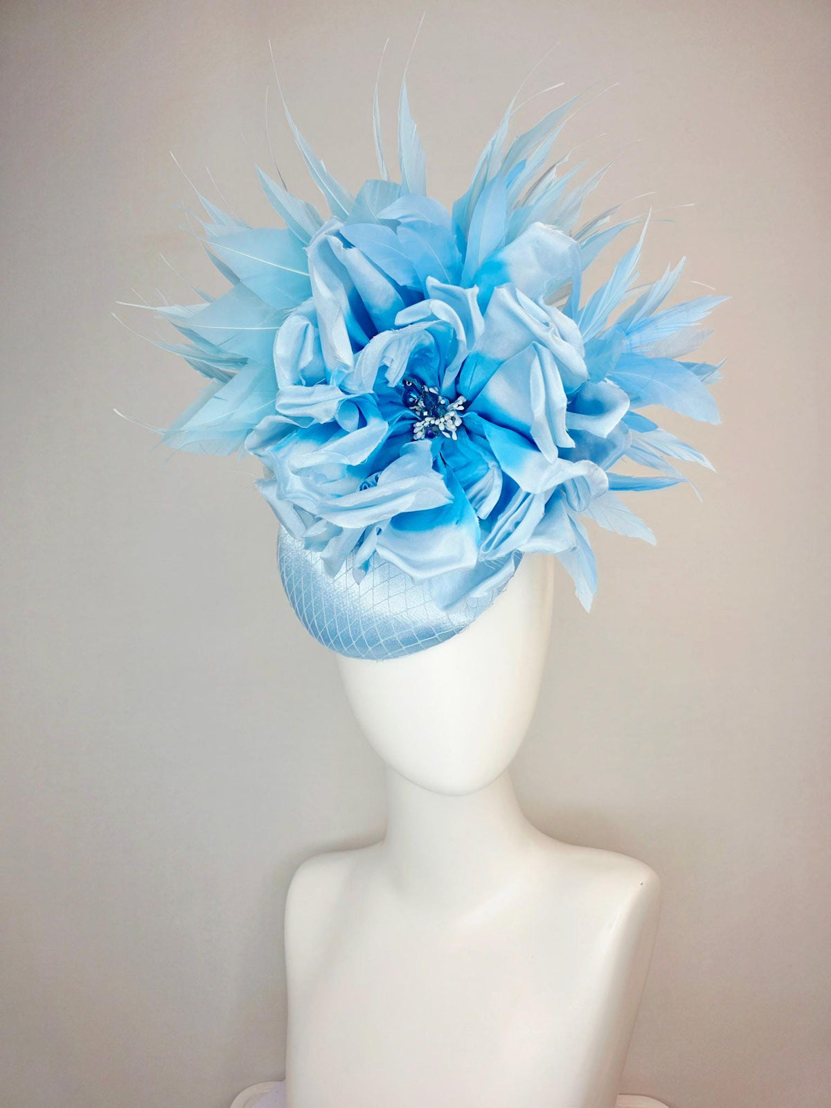 kentucky derby hat fascinator light blue satin with netting large ombre sky blue satin rose flower with baby and sky blue branching feathers