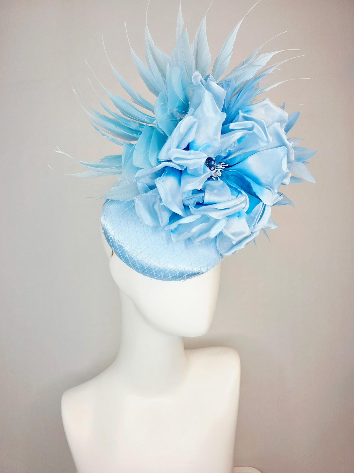 kentucky derby hat fascinator light blue satin with netting large ombre sky blue satin rose flower with baby and sky blue branching feathers