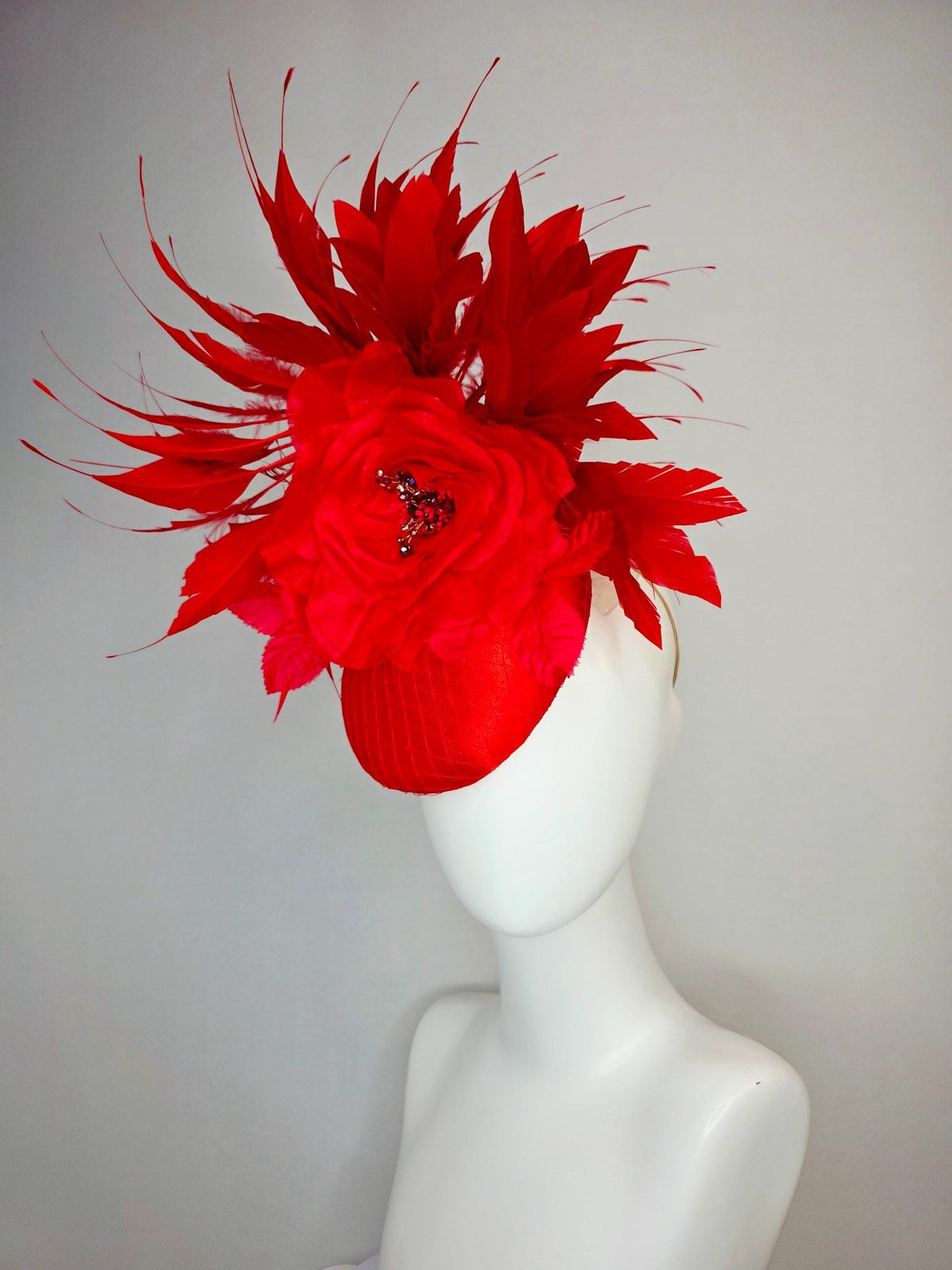 kentucky derby hat fascinator bright red satin with netting large red organza rose flower with red leaves and scarlet red branching feathers