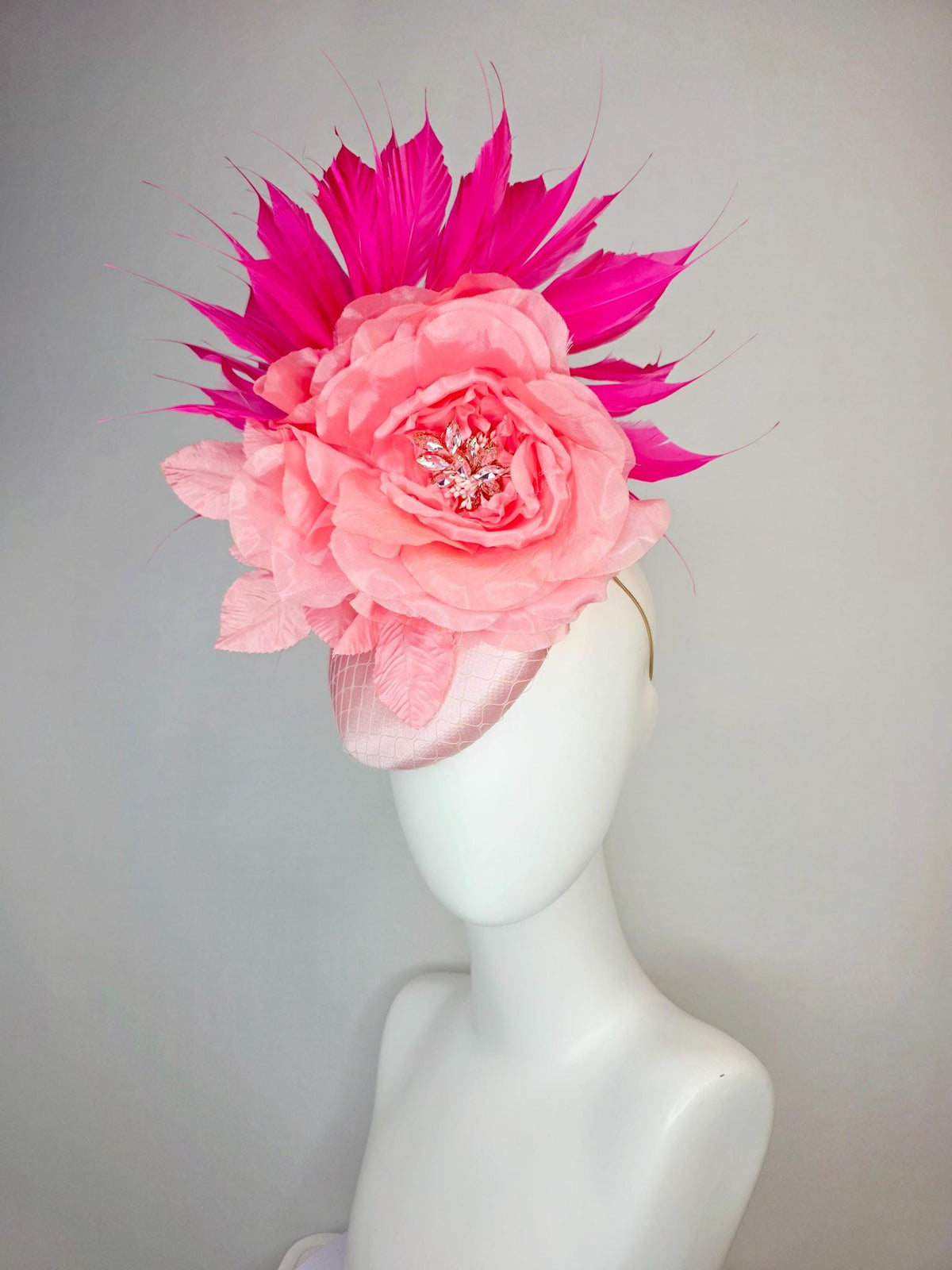 kentucky derby hat fascinator light pink satin with netting large baby pink satin rose light pink leaves and fuchsia pink branching feathers