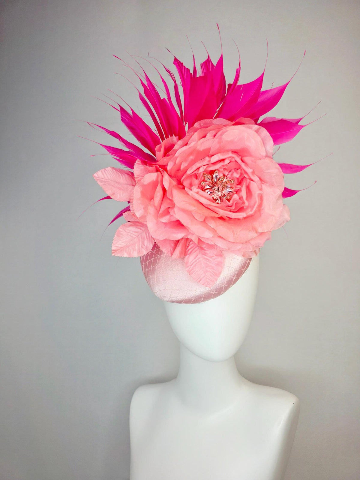 kentucky derby hat fascinator light pink satin with netting large baby pink satin rose light pink leaves and fuchsia pink branching feathers