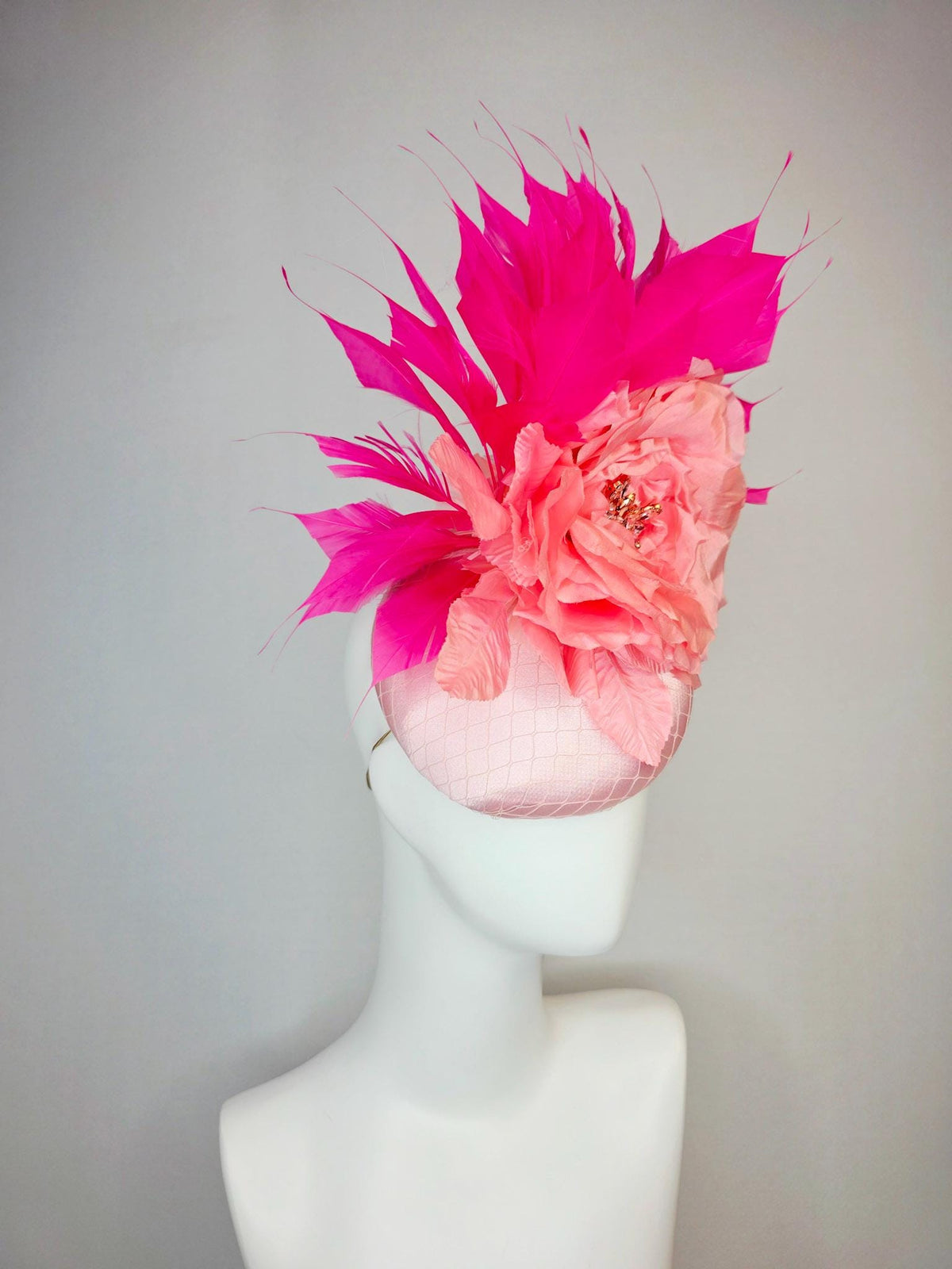 kentucky derby hat fascinator light pink satin with netting large baby pink satin rose light pink leaves and fuchsia pink branching feathers