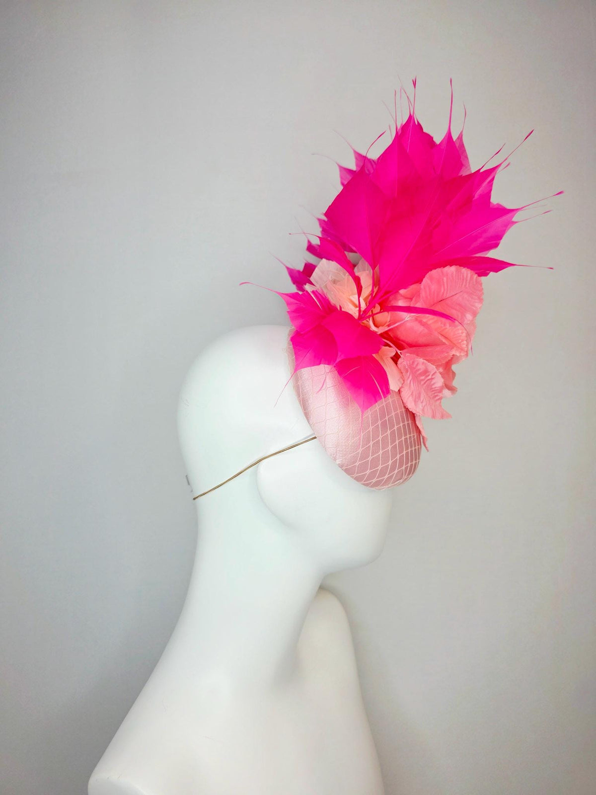 kentucky derby hat fascinator light pink satin with netting large baby pink satin rose light pink leaves and fuchsia pink branching feathers