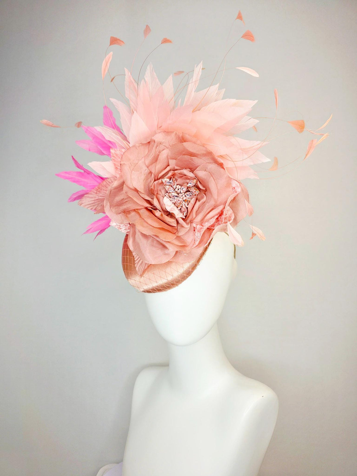 kentucky derby hat fascinator champagne pink satin with netting large mauve dusty pink satin rose light and blush pink branching feathers