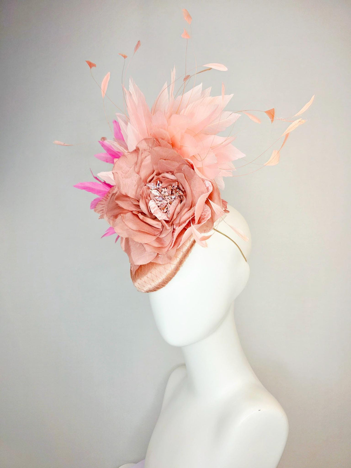 kentucky derby hat fascinator champagne pink satin with netting large mauve dusty pink satin rose light and blush pink branching feathers