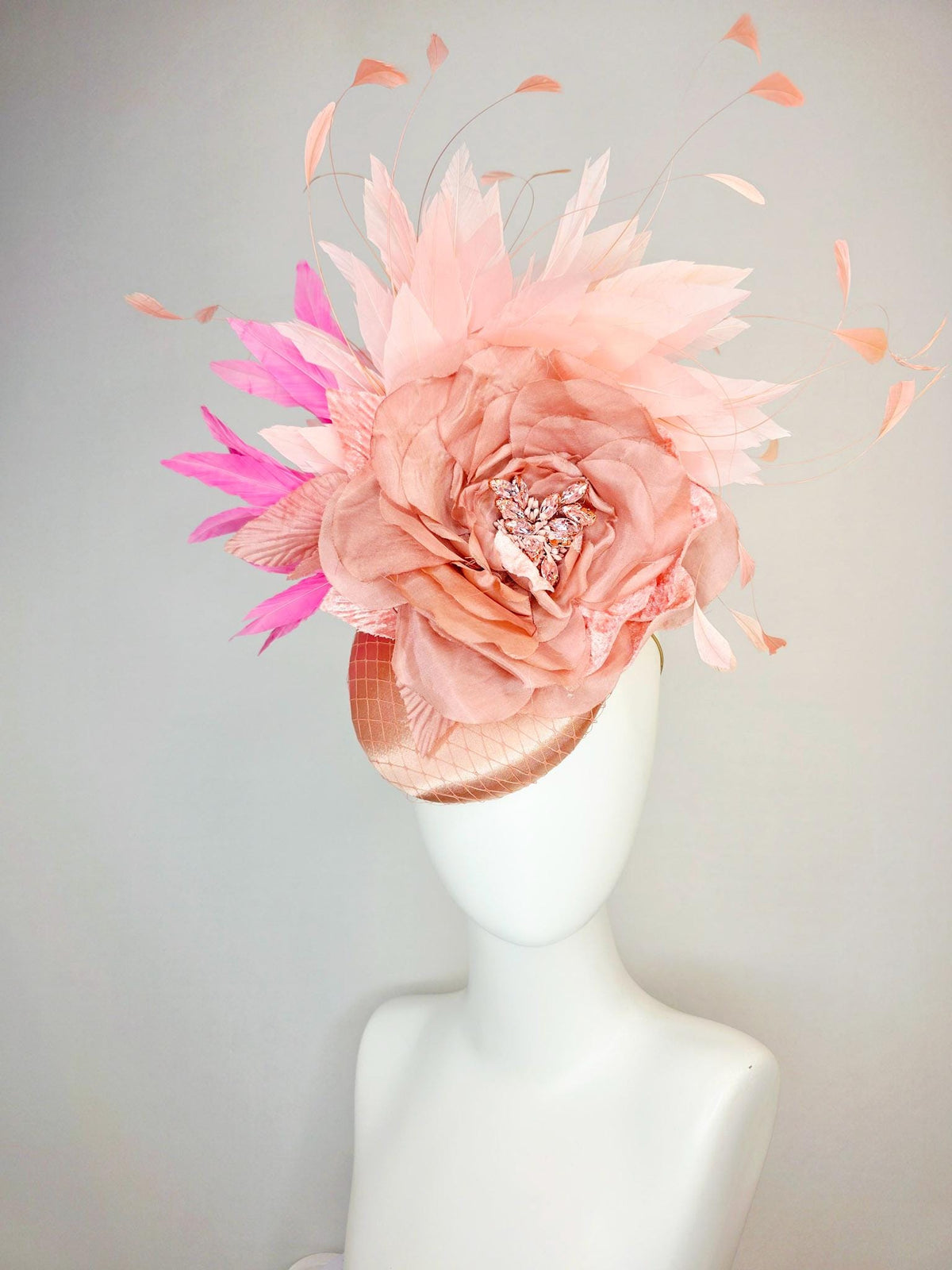 kentucky derby hat fascinator champagne pink satin with netting large mauve dusty pink satin rose light and blush pink branching feathers