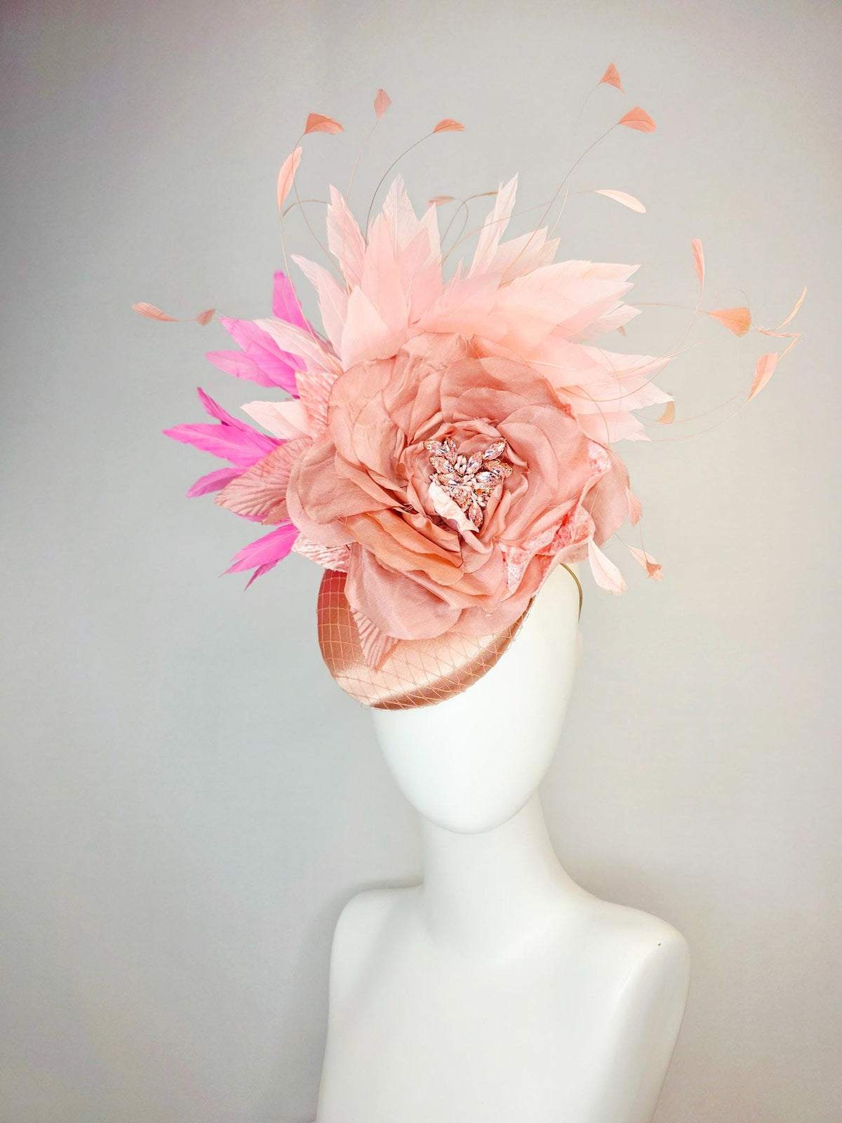 kentucky derby hat fascinator champagne pink satin with netting large mauve dusty pink satin rose light and blush pink branching feathers