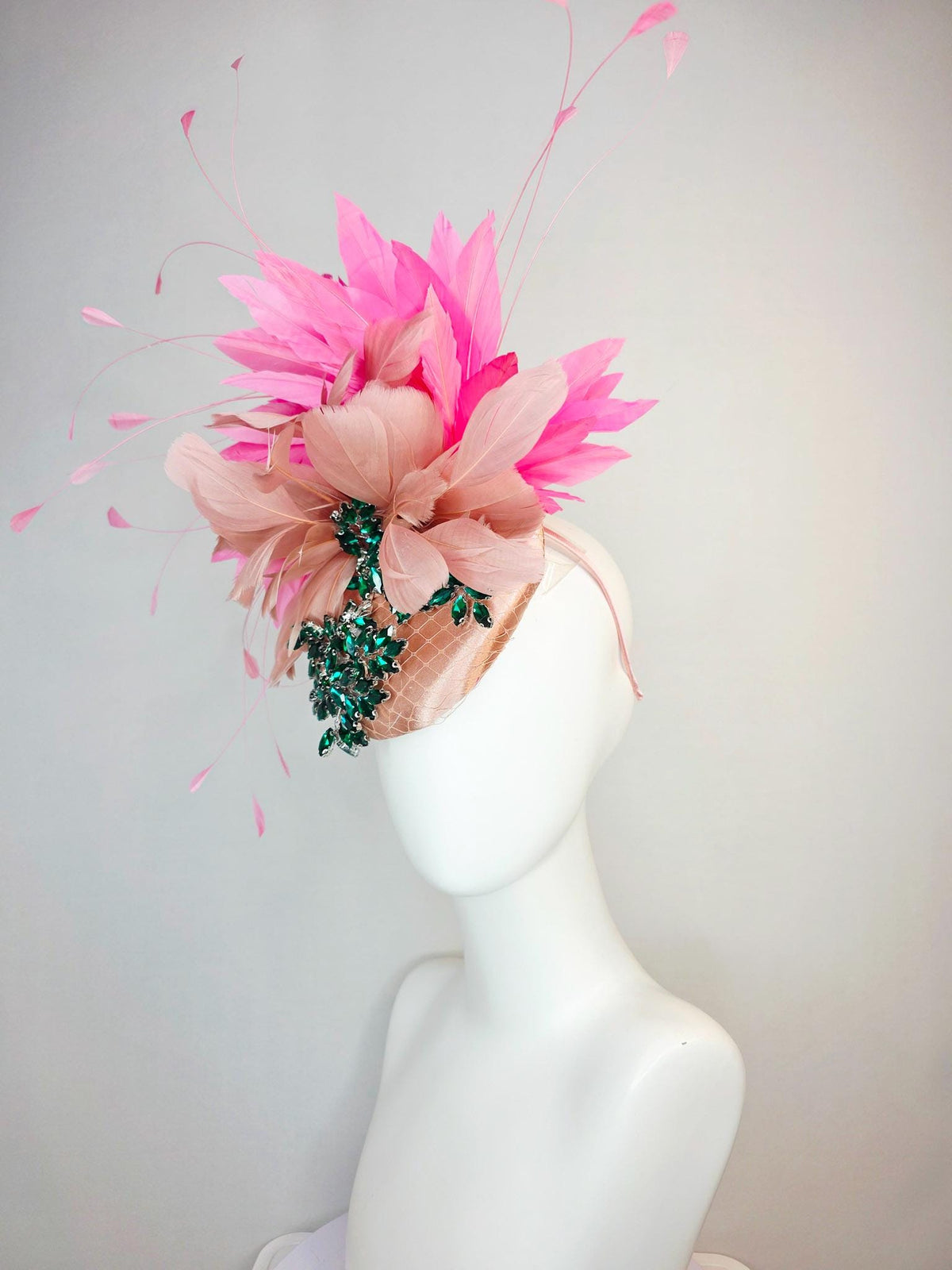kentucky derby hat fascinator champagne pink satin with netting leaf vine emerald green crystal rhinestone dusty mauve blush pink feathers