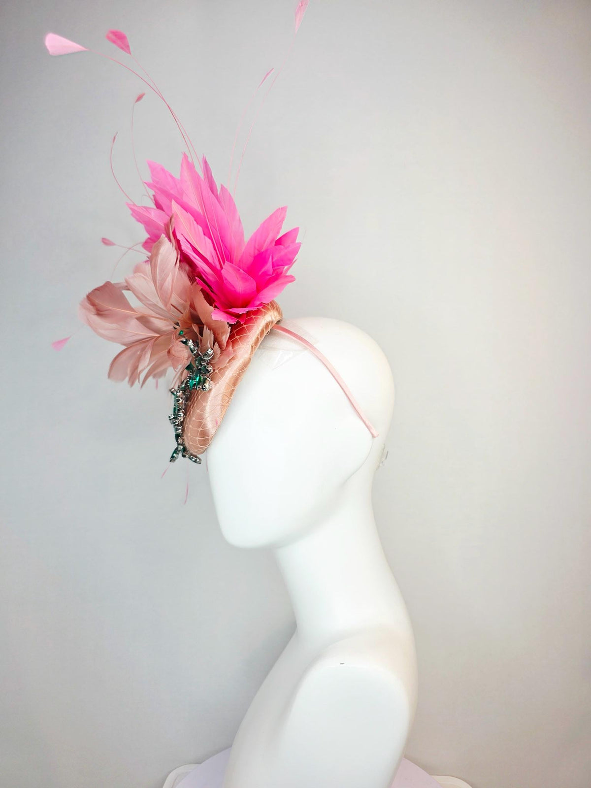 kentucky derby hat fascinator champagne pink satin with netting leaf vine emerald green crystal rhinestone dusty mauve blush pink feathers