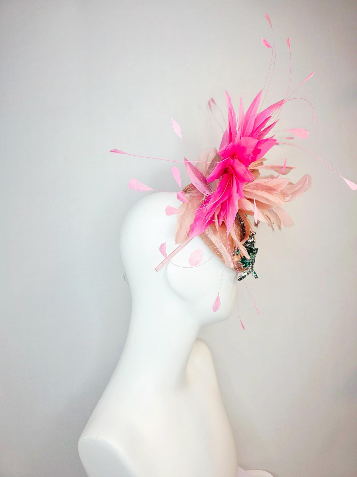 kentucky derby hat fascinator champagne pink satin with netting leaf vine emerald green crystal rhinestone dusty mauve blush pink feathers