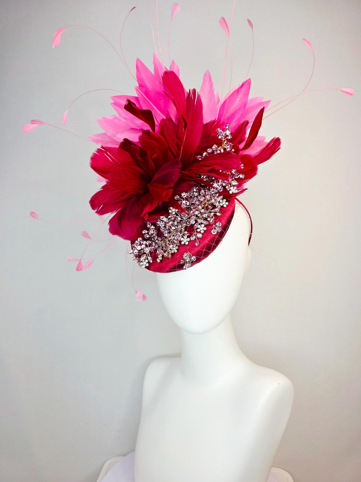 kentucky derby hat fascinator wine red satin with netting leaf vine clear silver crystal rhinestone fluffy burgundy red blush pink feathers