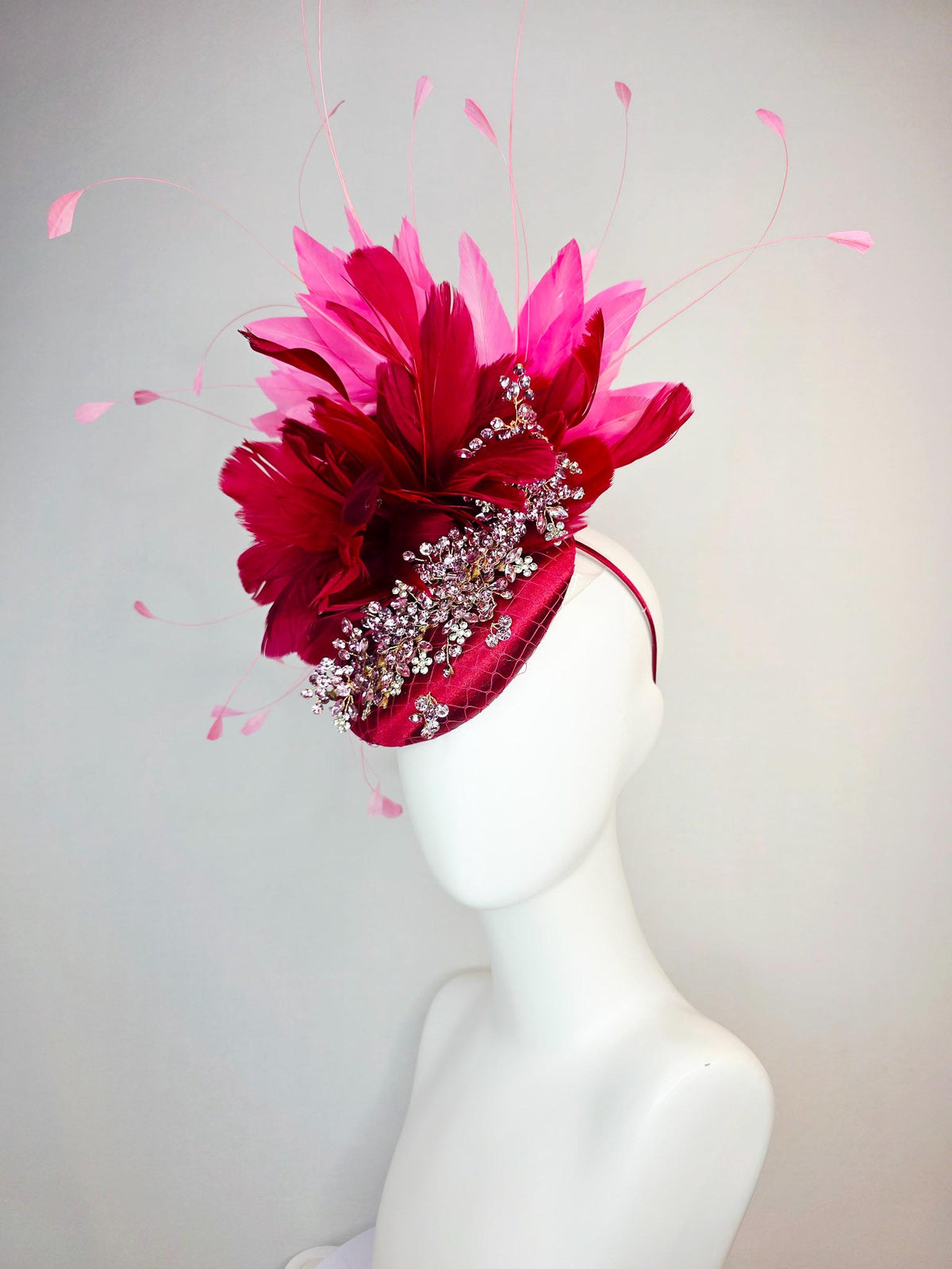 kentucky derby hat fascinator wine red satin with netting leaf vine clear silver crystal rhinestone fluffy burgundy red blush pink feathers