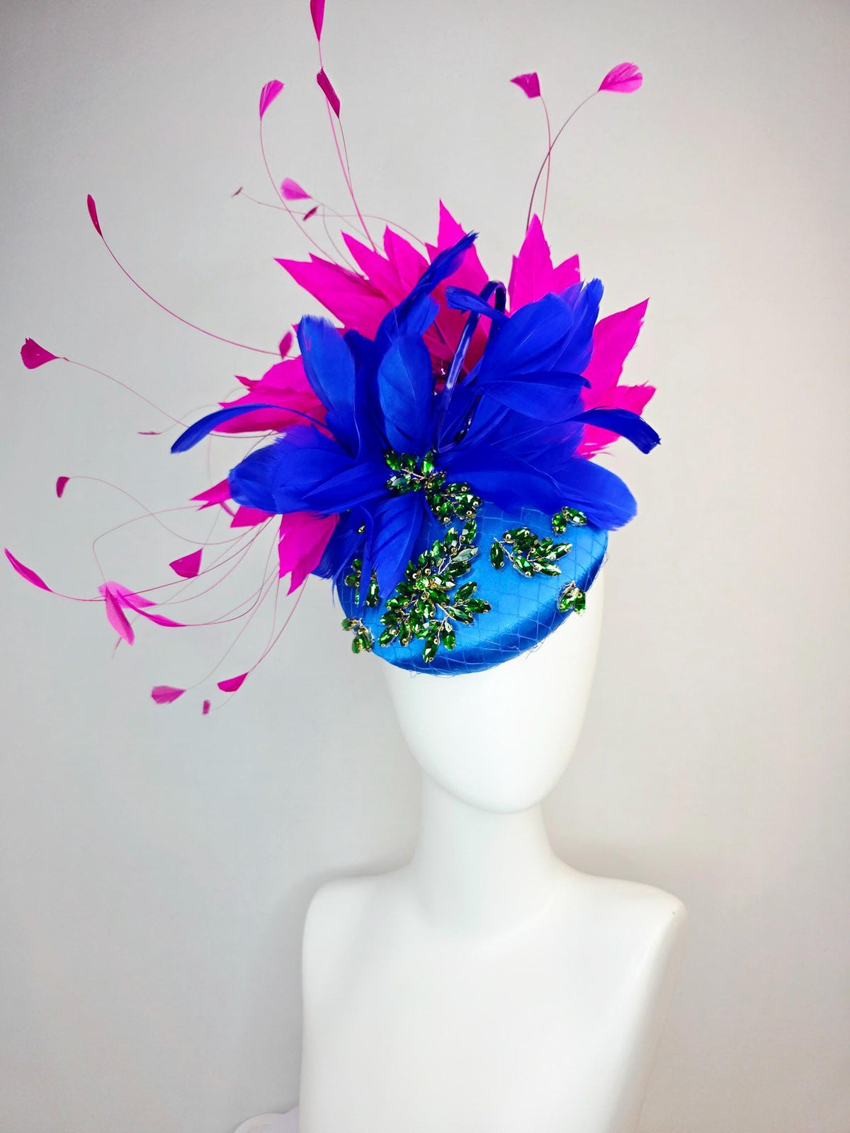 kentucky derby hat fascinator royal blue satin with netting leaf vine emerald green crystal rhinestone fuchsia pink cobalt blue feathers