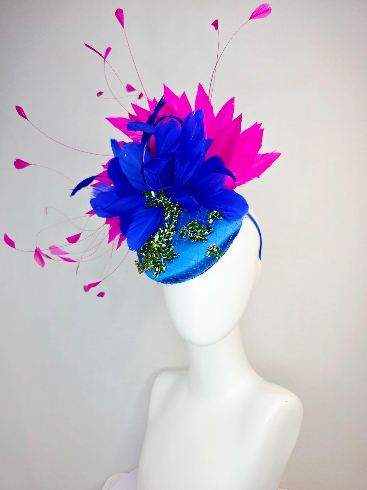 kentucky derby hat fascinator royal blue satin with netting leaf vine emerald green crystal rhinestone fuchsia pink cobalt blue feathers