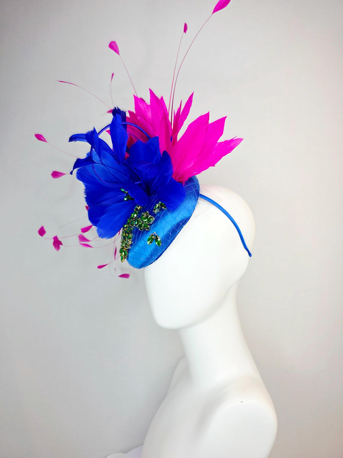 kentucky derby hat fascinator royal blue satin with netting leaf vine emerald green crystal rhinestone fuchsia pink cobalt blue feathers