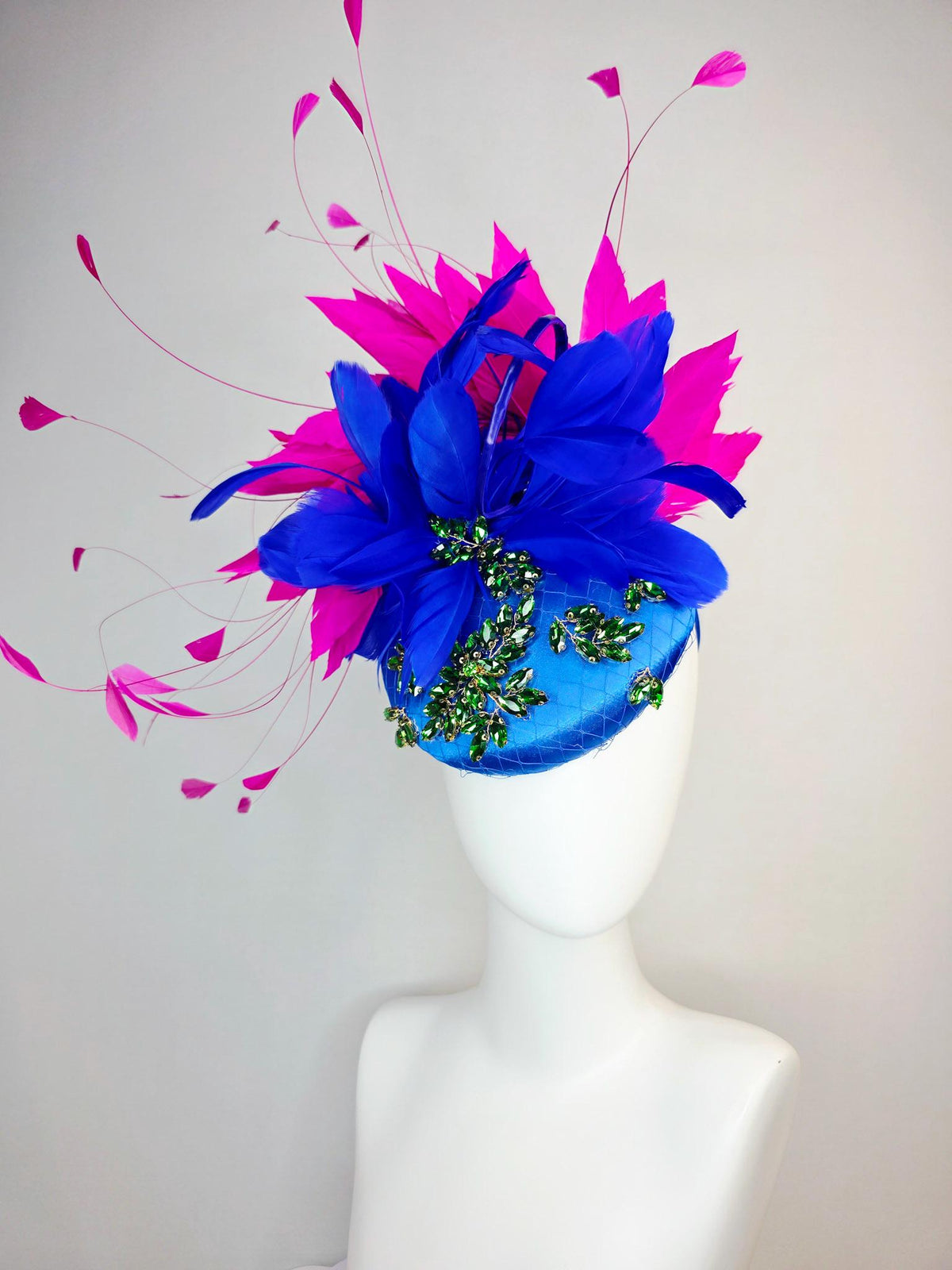 kentucky derby hat fascinator royal blue satin with netting leaf vine emerald green crystal rhinestone fuchsia pink cobalt blue feathers