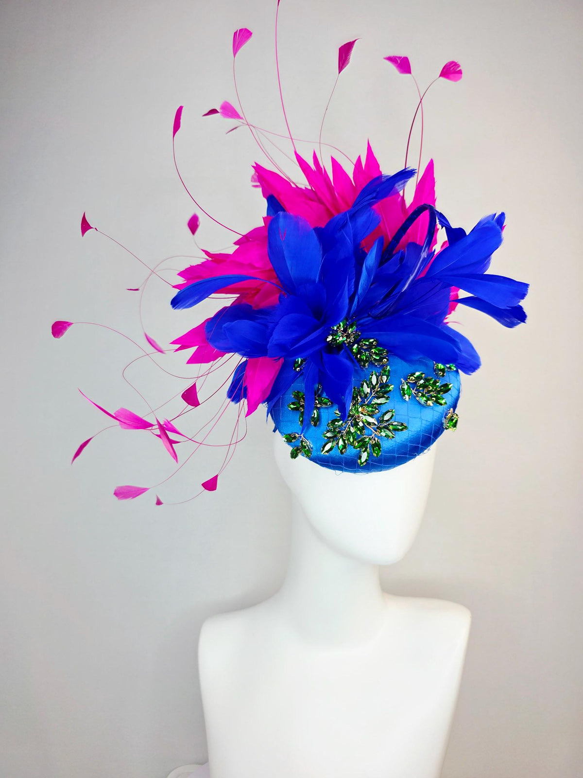 kentucky derby hat fascinator royal blue satin with netting leaf vine emerald green crystal rhinestone fuchsia pink cobalt blue feathers