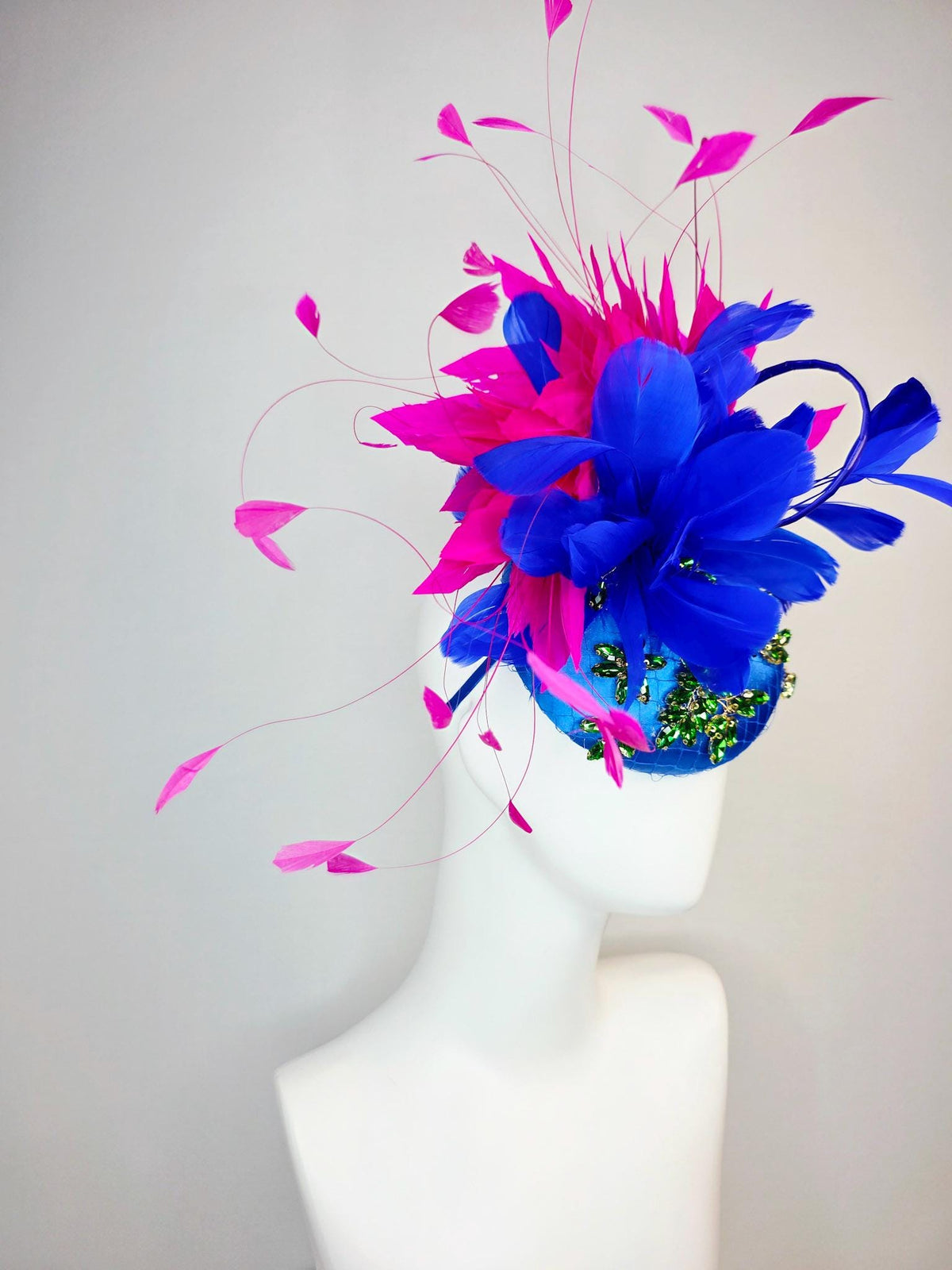 kentucky derby hat fascinator royal blue satin with netting leaf vine emerald green crystal rhinestone fuchsia pink cobalt blue feathers