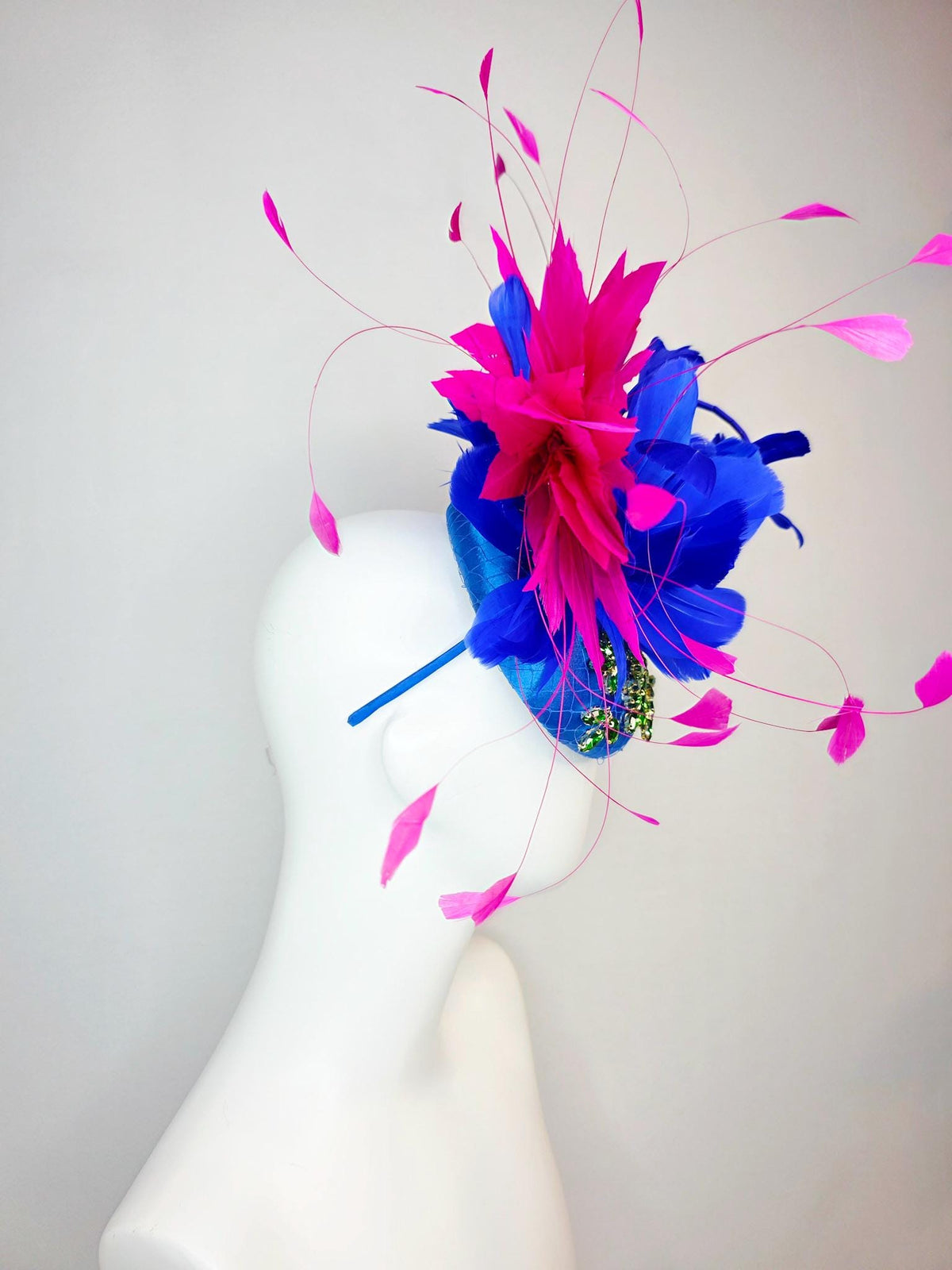 kentucky derby hat fascinator royal blue satin with netting leaf vine emerald green crystal rhinestone fuchsia pink cobalt blue feathers