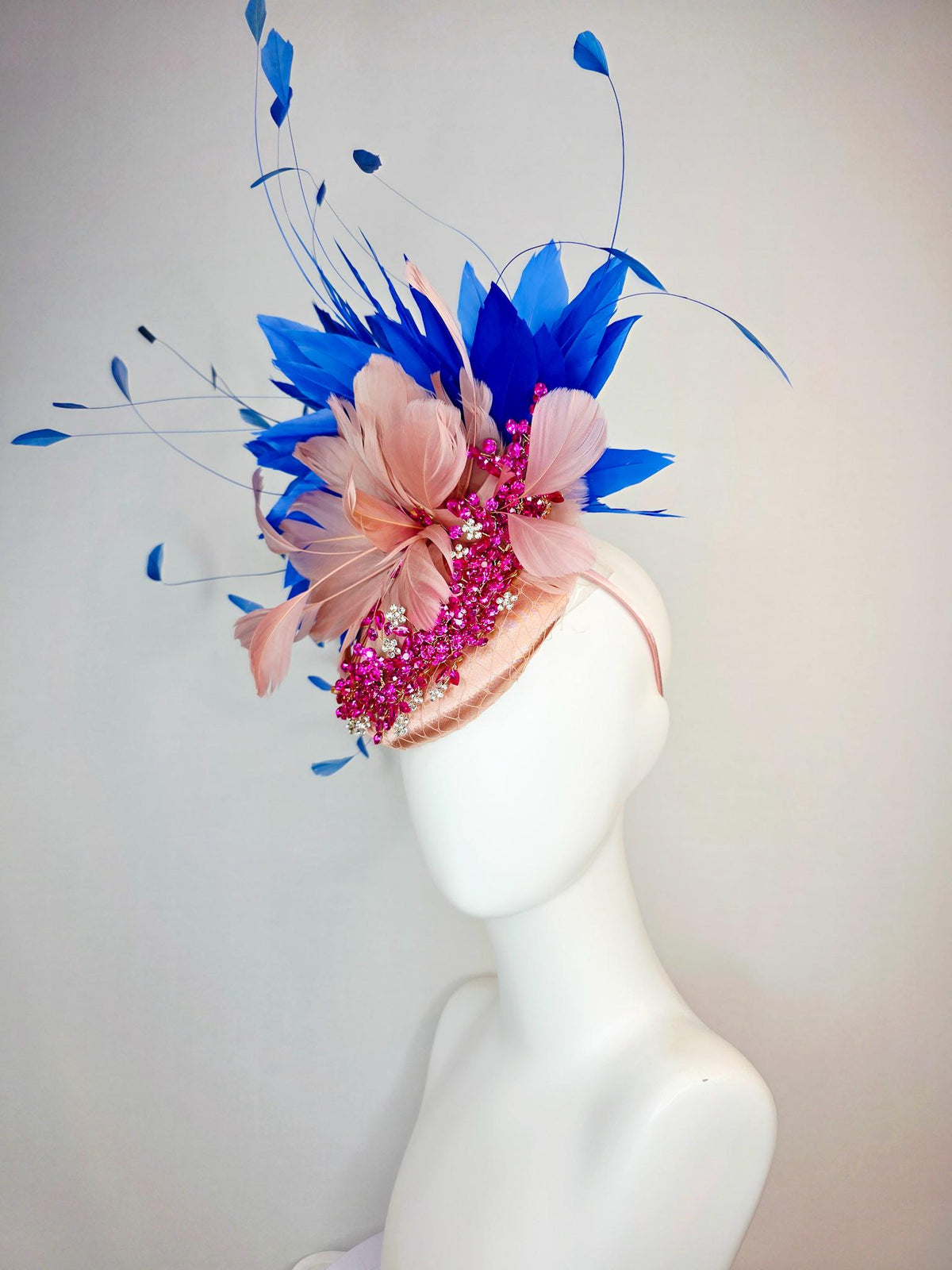 kentucky derby hat fascinator champagne satin with netting leaf vine pink crystal rhinestone dusty mauve blush pink cobalt blue feathers