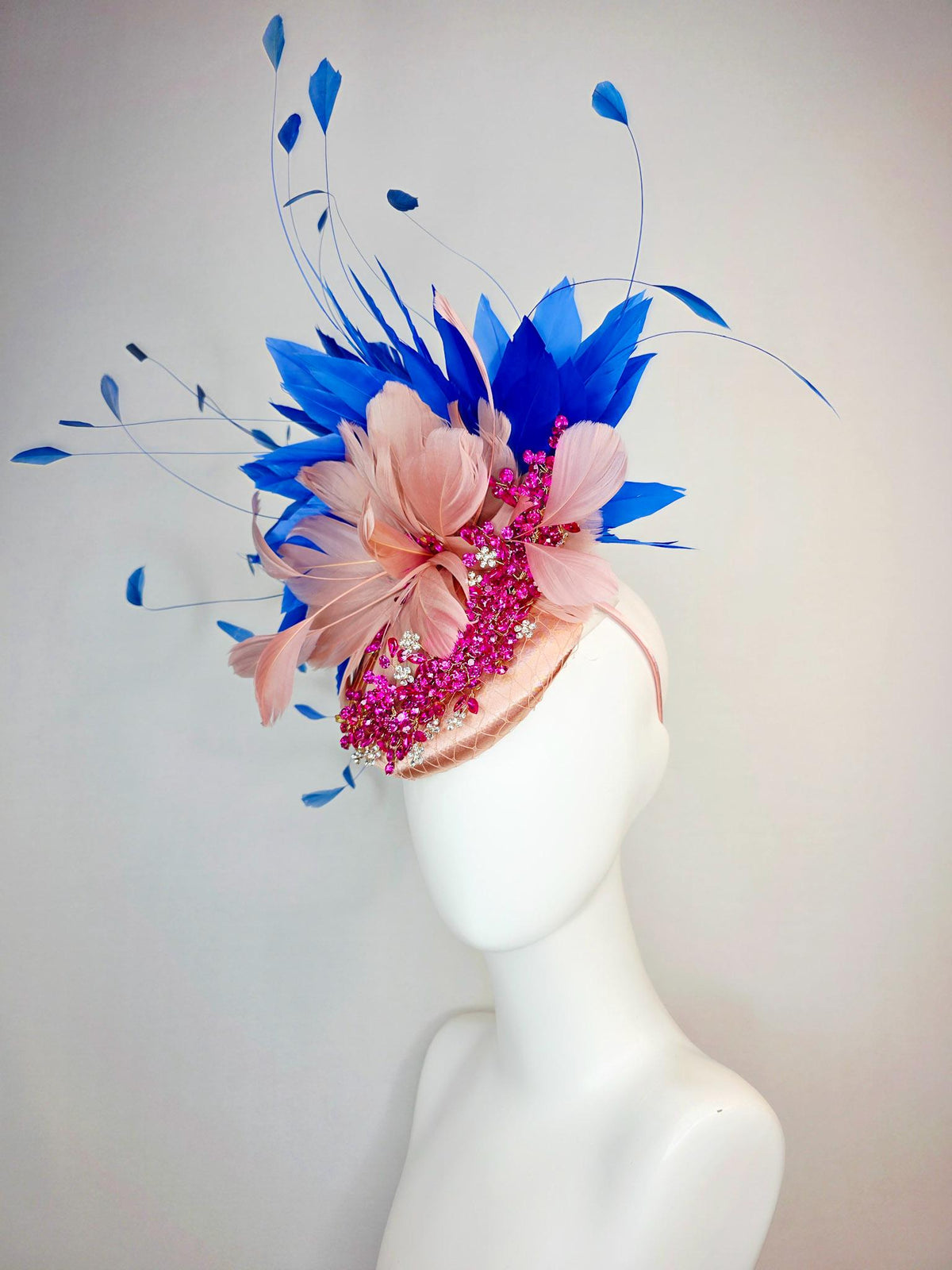 kentucky derby hat fascinator champagne satin with netting leaf vine pink crystal rhinestone dusty mauve blush pink cobalt blue feathers