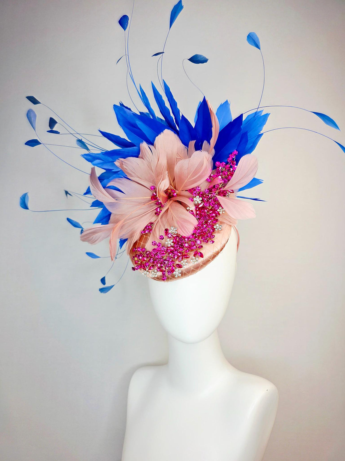 kentucky derby hat fascinator champagne satin with netting leaf vine pink crystal rhinestone dusty mauve blush pink cobalt blue feathers