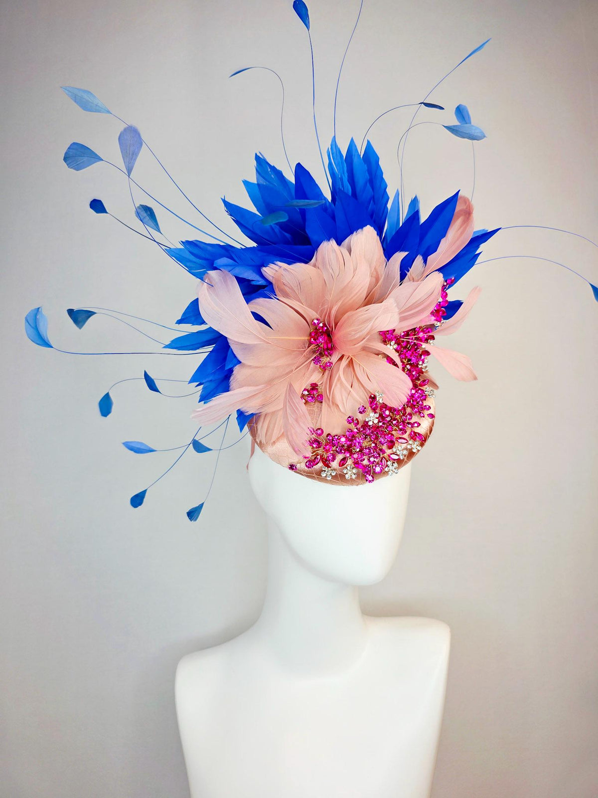 kentucky derby hat fascinator champagne satin with netting leaf vine pink crystal rhinestone dusty mauve blush pink cobalt blue feathers
