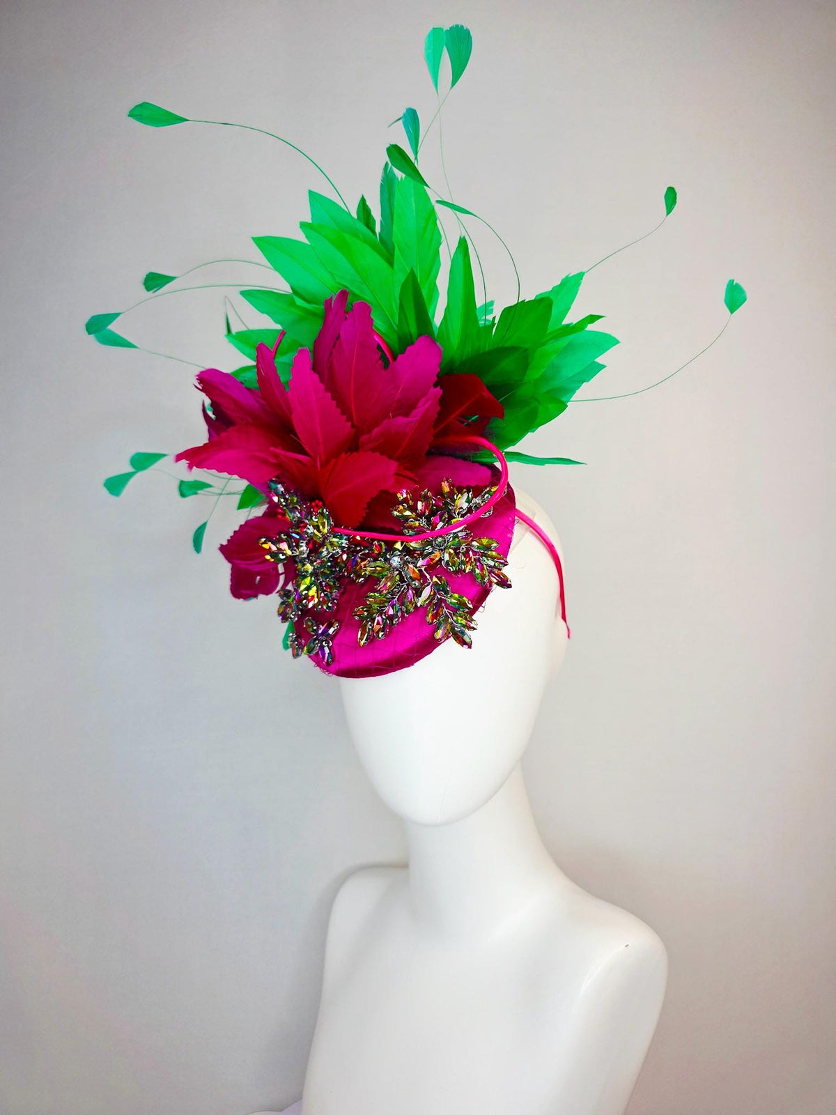 kentucky derby hat fascinator magenta pink satin with netting leaf vine iridescent crystal rhinestone and fuchsia pink lime green feathers