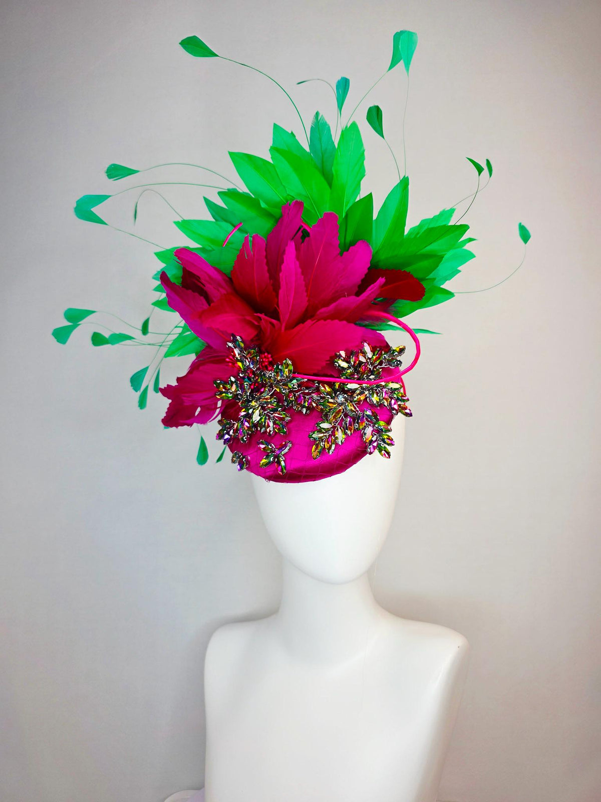 kentucky derby hat fascinator magenta pink satin with netting leaf vine iridescent crystal rhinestone and fuchsia pink lime green feathers
