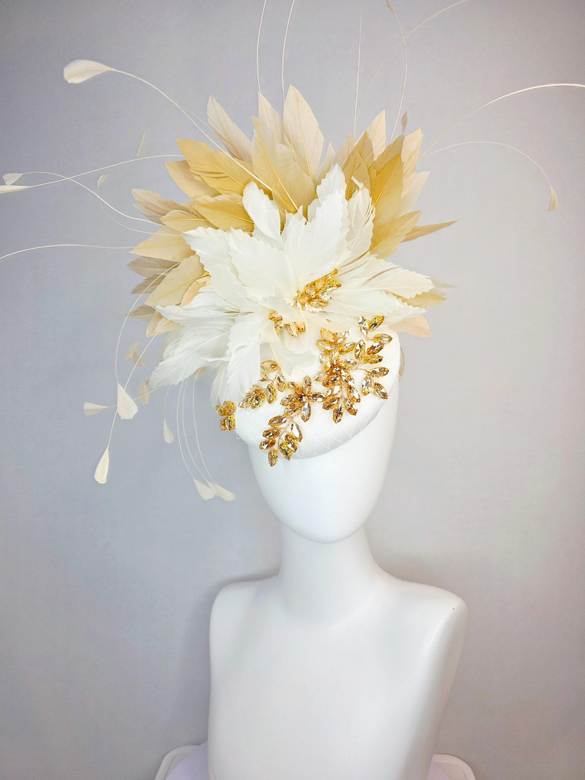 kentucky derby hat fascinator ivory white satin with netting leaf vine gold crystal rhinestone fluffy ivory white tan beige gold feathers