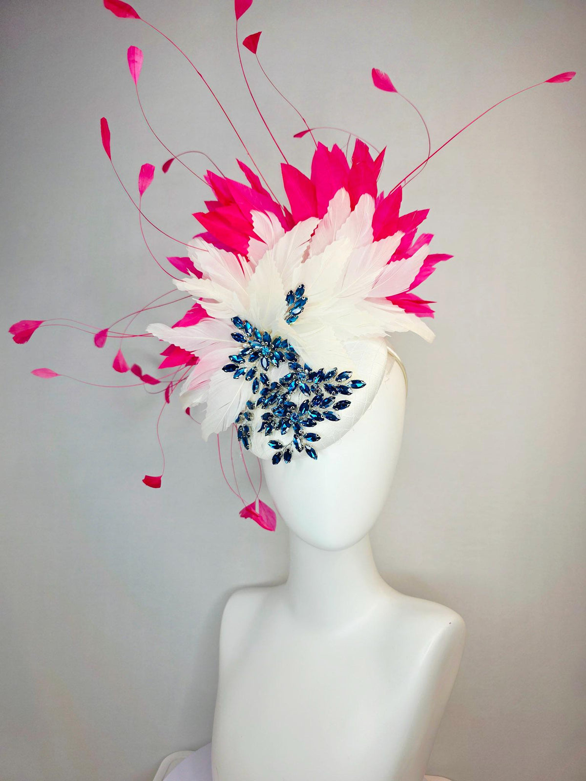 kentucky derby hat fascinator ivory white satin with netting leaf vine blue crystal rhinestone and fluffy ivory white hot pink feathers