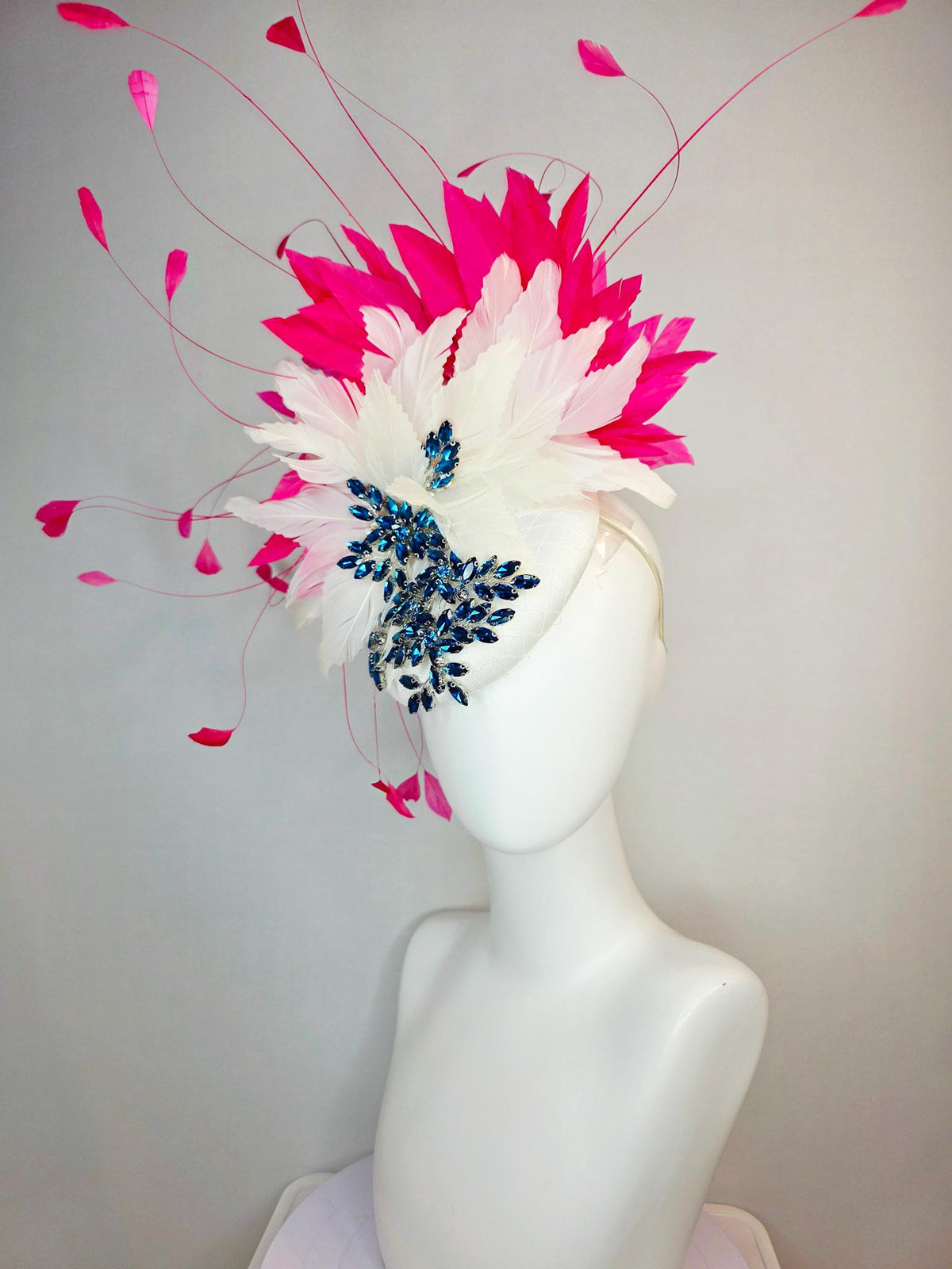 kentucky derby hat fascinator ivory white satin with netting leaf vine blue crystal rhinestone and fluffy ivory white hot pink feathers