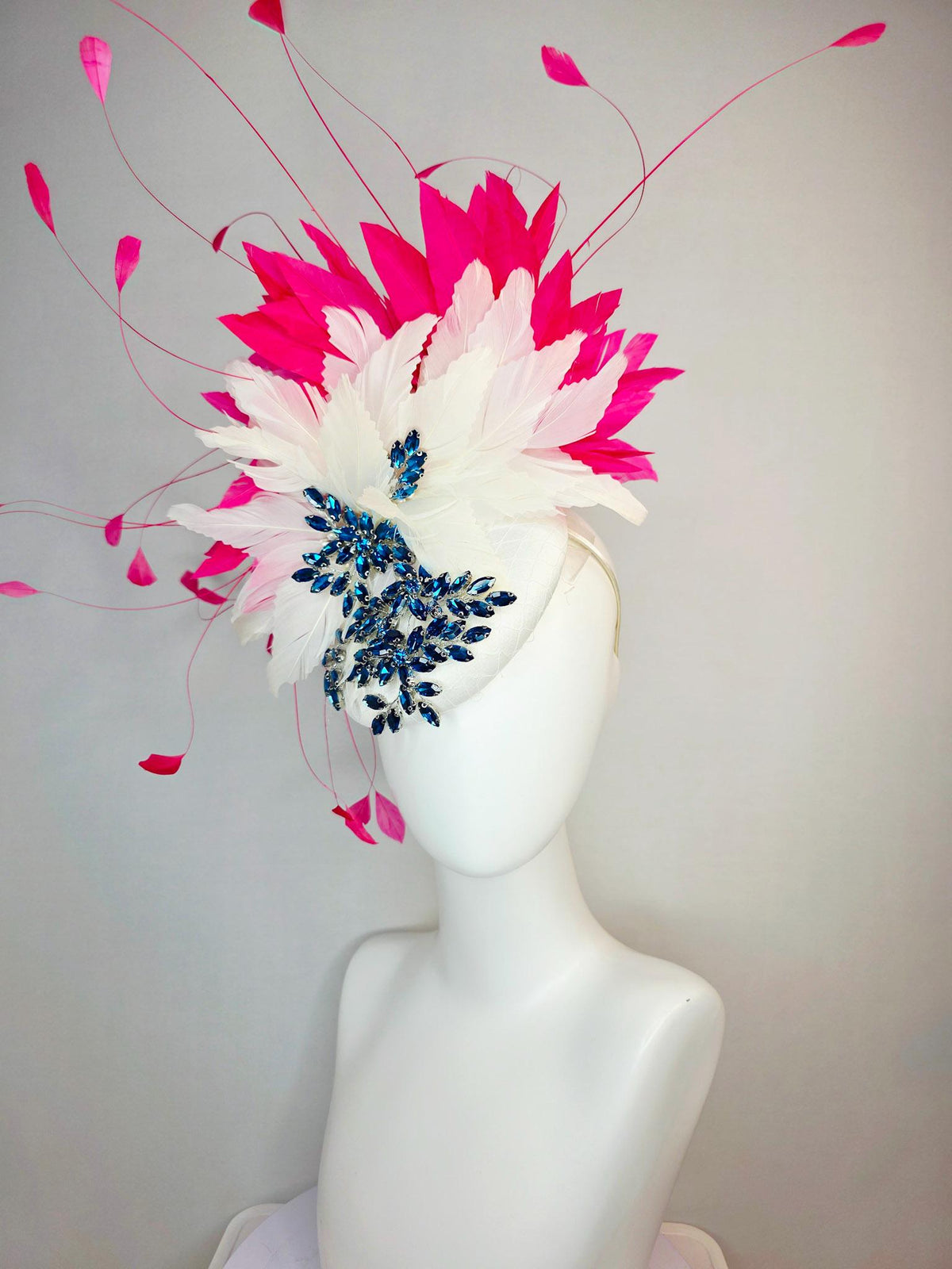 kentucky derby hat fascinator ivory white satin with netting leaf vine blue crystal rhinestone and fluffy ivory white hot pink feathers