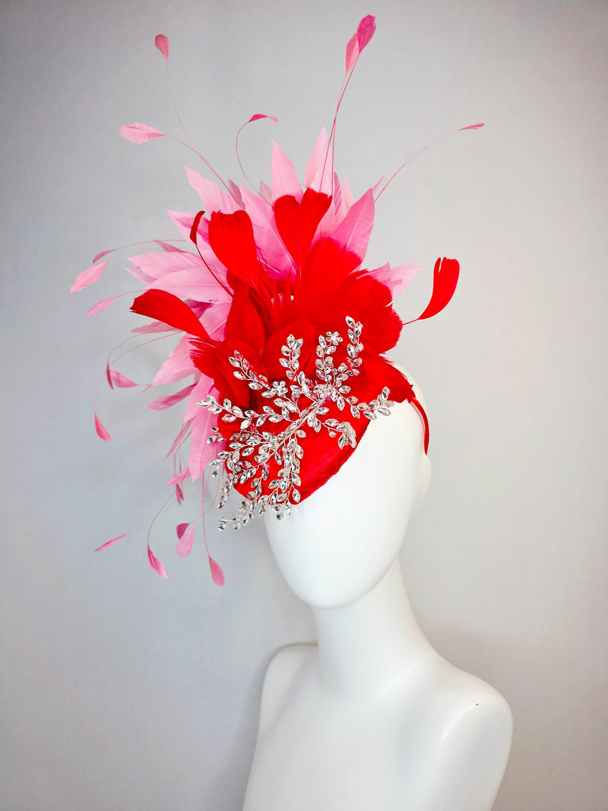 kentucky derby hat fascinator scarlet red satin with netting leaf vine clear silver crystal rhinestone fluffy bright red blush pink feathers