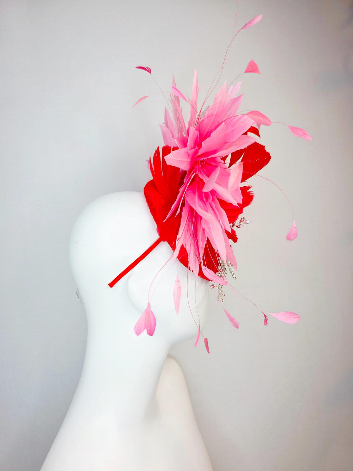 kentucky derby hat fascinator scarlet red satin with netting leaf vine clear silver crystal rhinestone fluffy bright red blush pink feathers