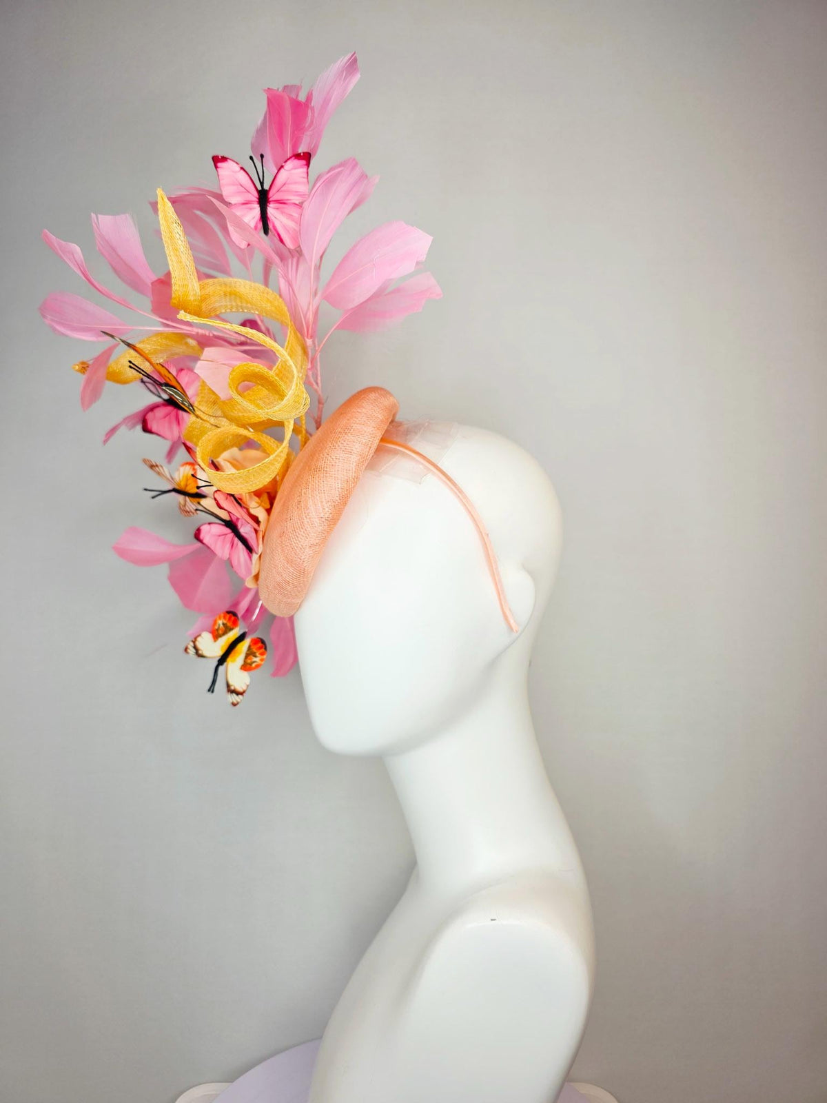 kentucky derby hat fascinator champagne sinamay yellow curls cream gold organza flower light pink feathers orange black pink butterflies