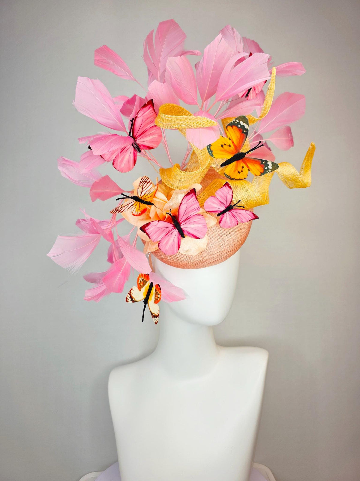 kentucky derby hat fascinator champagne sinamay yellow curls cream gold organza flower light pink feathers orange black pink butterflies