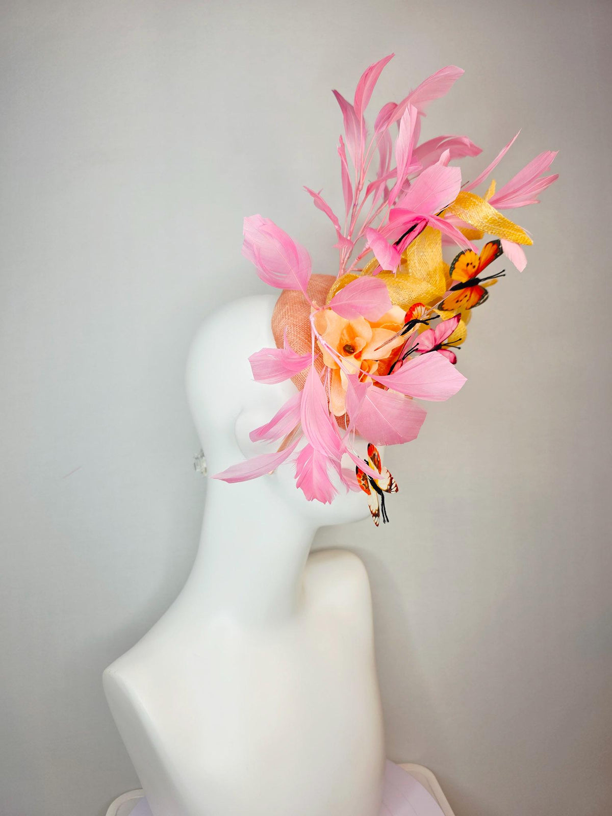 kentucky derby hat fascinator champagne sinamay yellow curls cream gold organza flower light pink feathers orange black pink butterflies