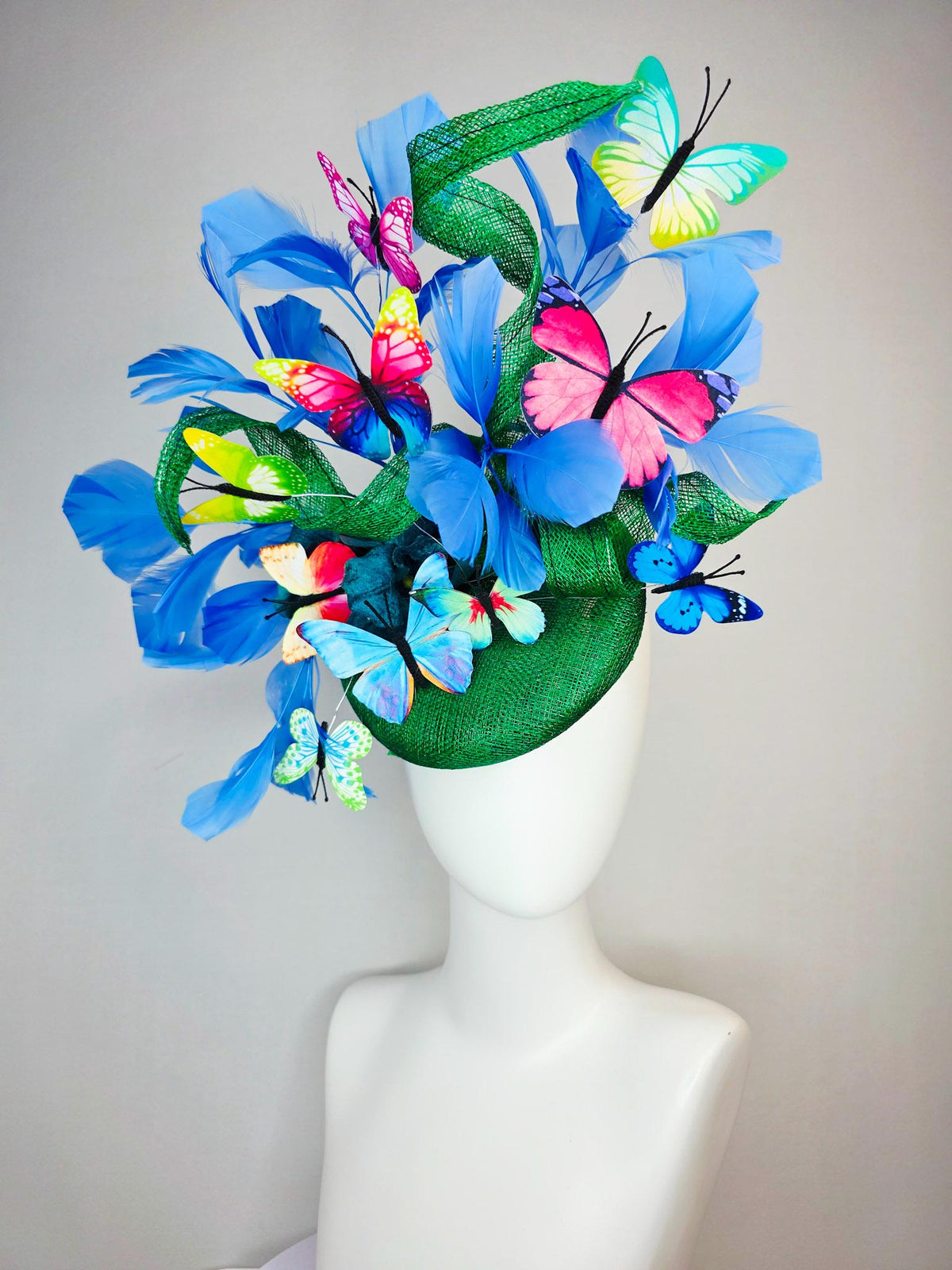 kentucky derby hat fascinator green sinamay with curls teal blue organza flower cobalt sky blue feathers pink red yellow purple butterflies