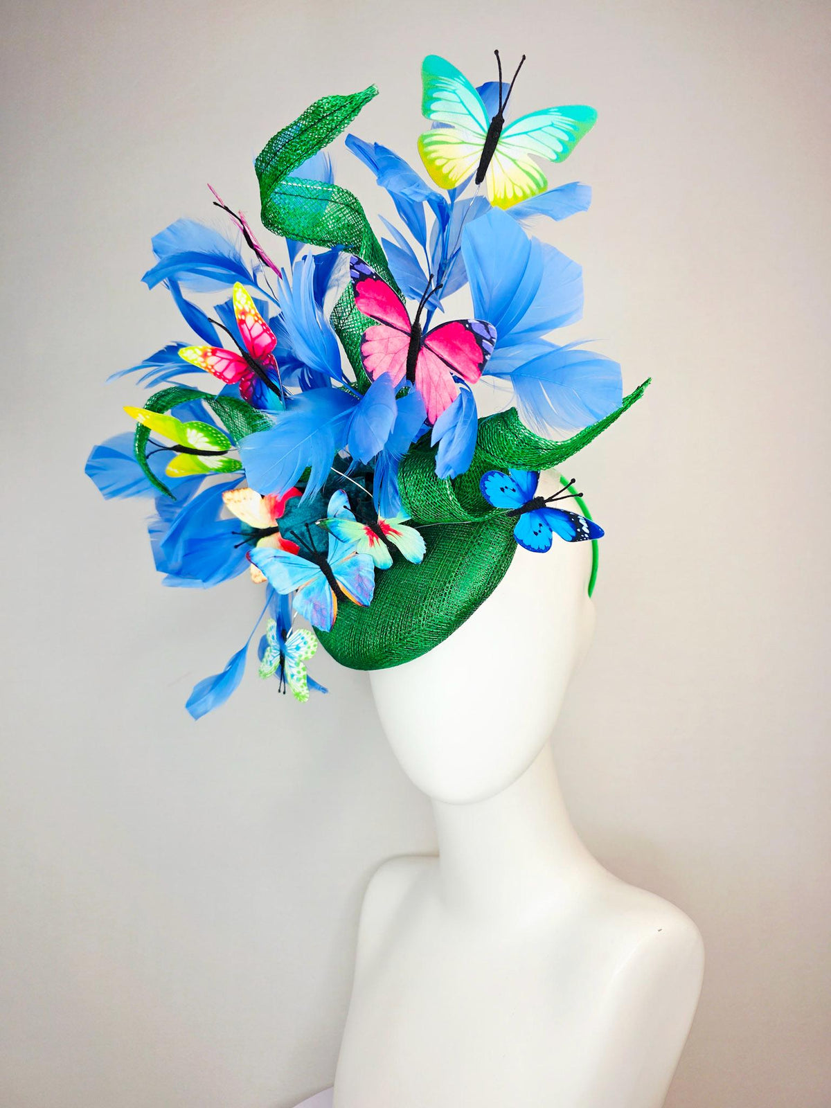kentucky derby hat fascinator green sinamay with curls teal blue organza flower cobalt sky blue feathers pink red yellow purple butterflies